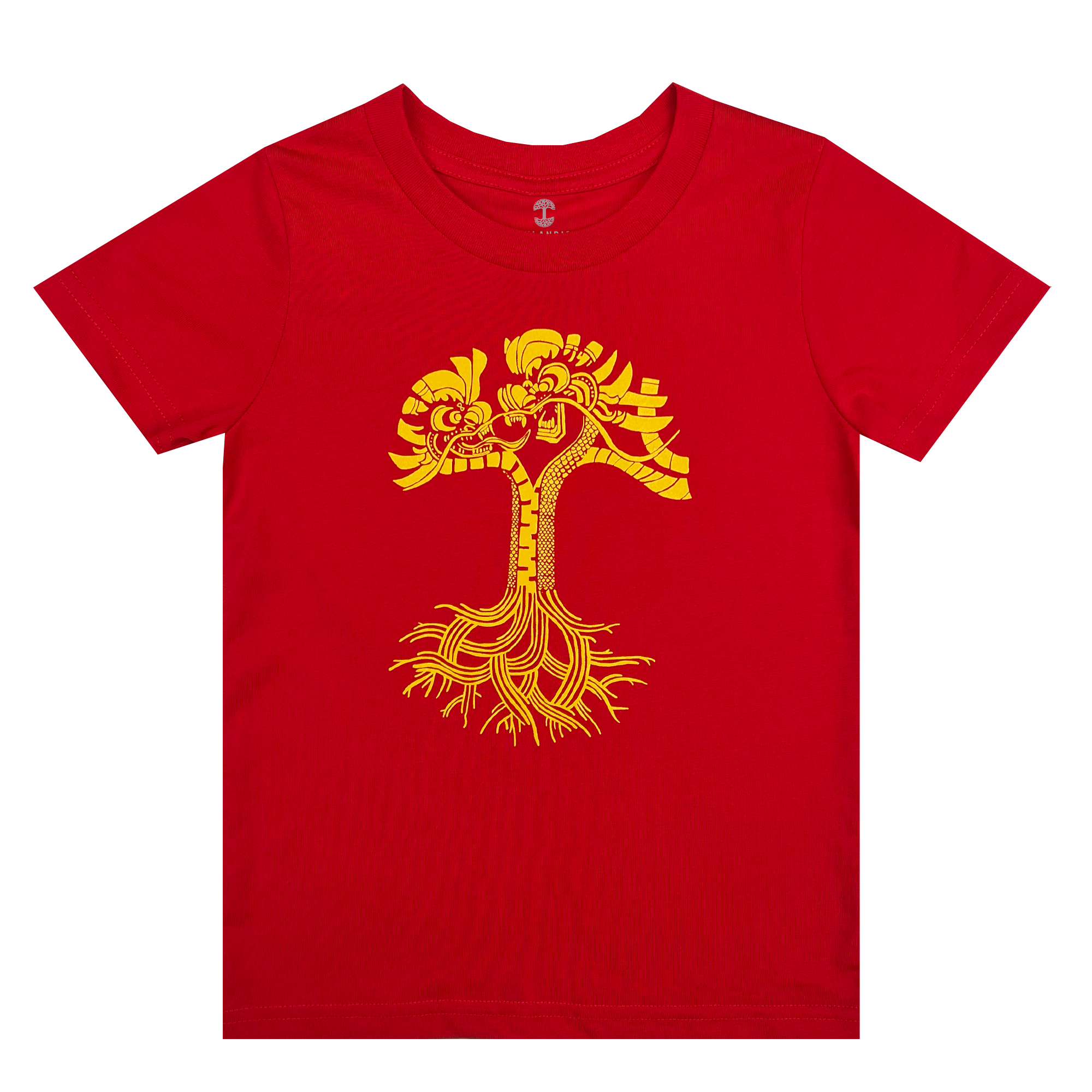 Red toddler-sized t-shirt with gold dragon power design shaped like an Oaklandish tree logo.