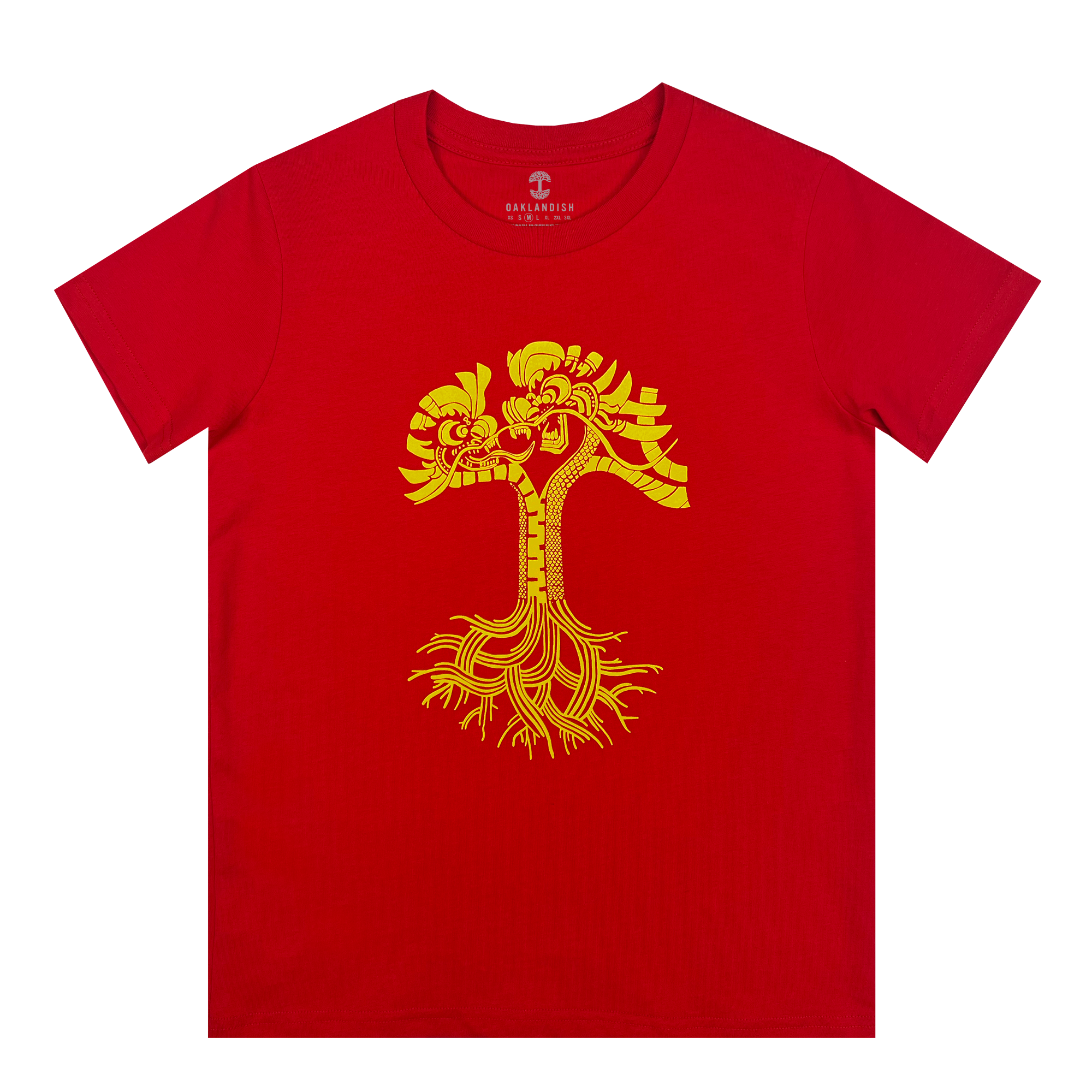 Red youth-sized t-shirt with gold dragon power design shaped like an Oaklandish tree logo.