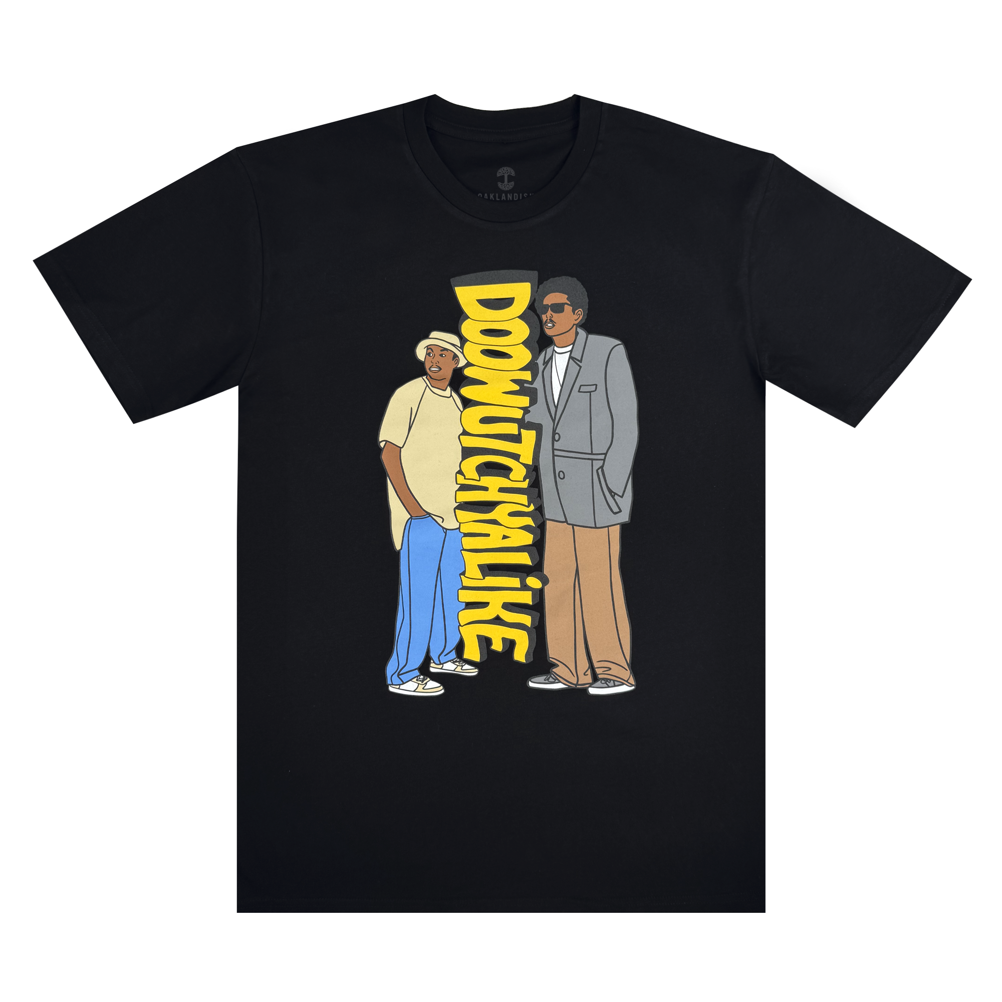The Oaklandish "Doowutchyalike Tee" features a cartoon of two people: one in a beige hat, yellow shirt, blue jeans, white sneakers, and the other in a gray suit and sunglasses. A vertical "DOOWUTCHYALIKE" text captures 90s vibes with a Digital Underground style.