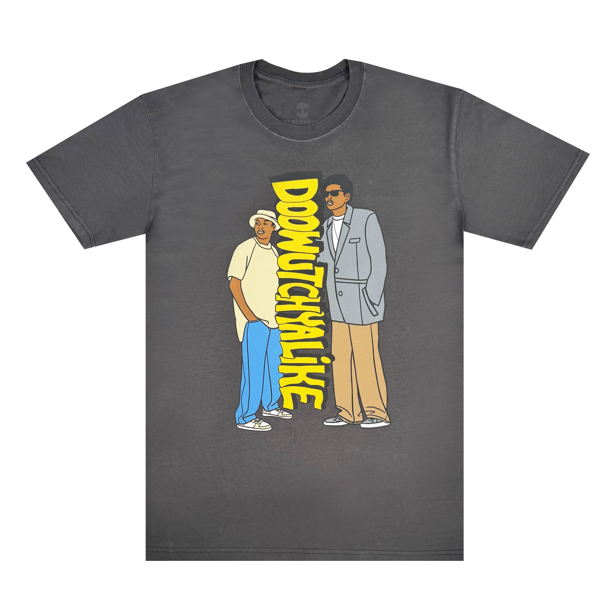 Oaklandish's Doowutchyalike Tee is a gray t-shirt with a cartoon illustration of two men: one in a beige shirt and blue pants, the other in a gray suit. Vibrant yellow "DOOWUTCHYALIKE" text runs vertically between them, embodying Digital Underground's 90s vibes.