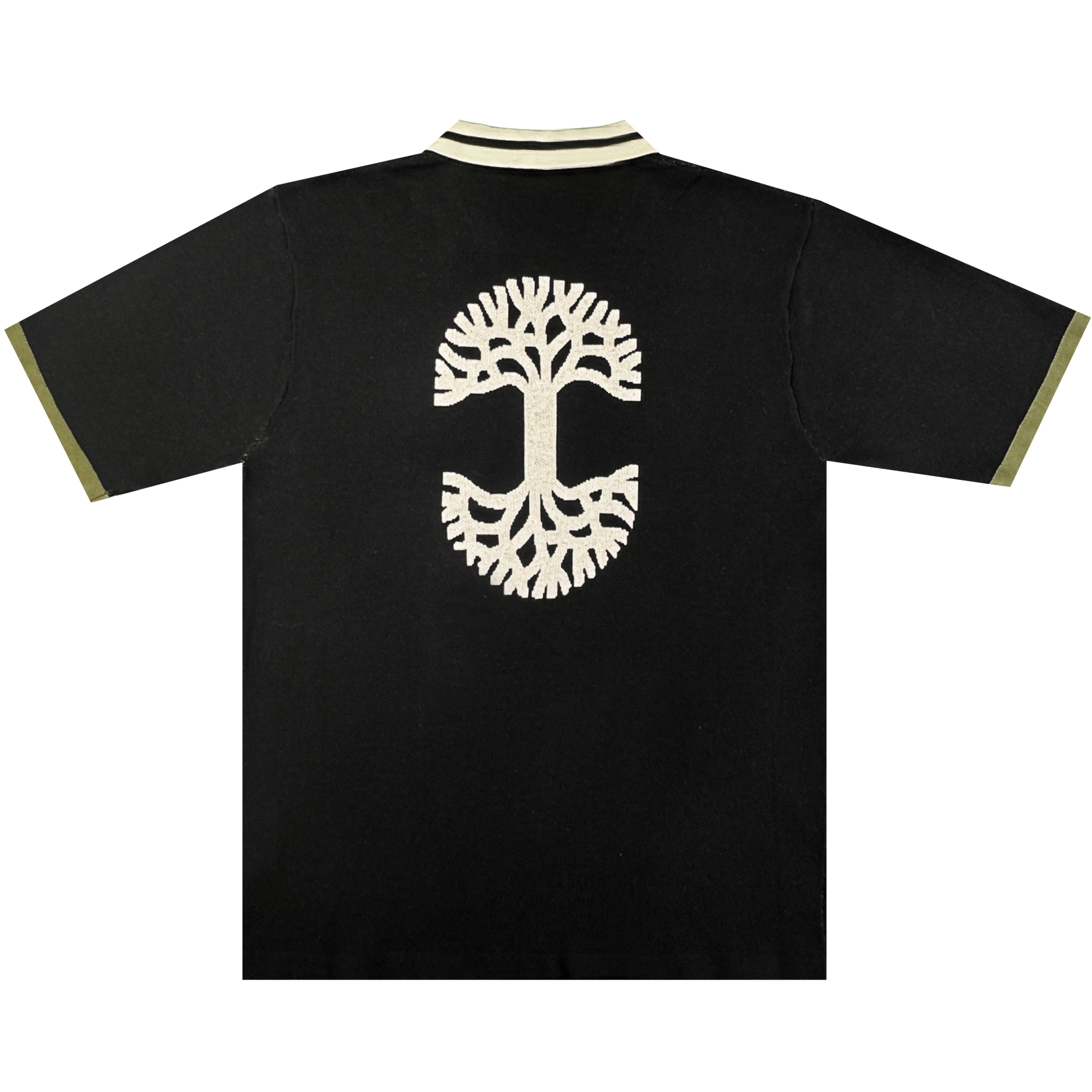 The Oaklandish Ease Jersey is a black unisex polo with beige knit collar and trim, featuring a large embroidered beige tree on the back with mirrored branches and roots in a circular design.