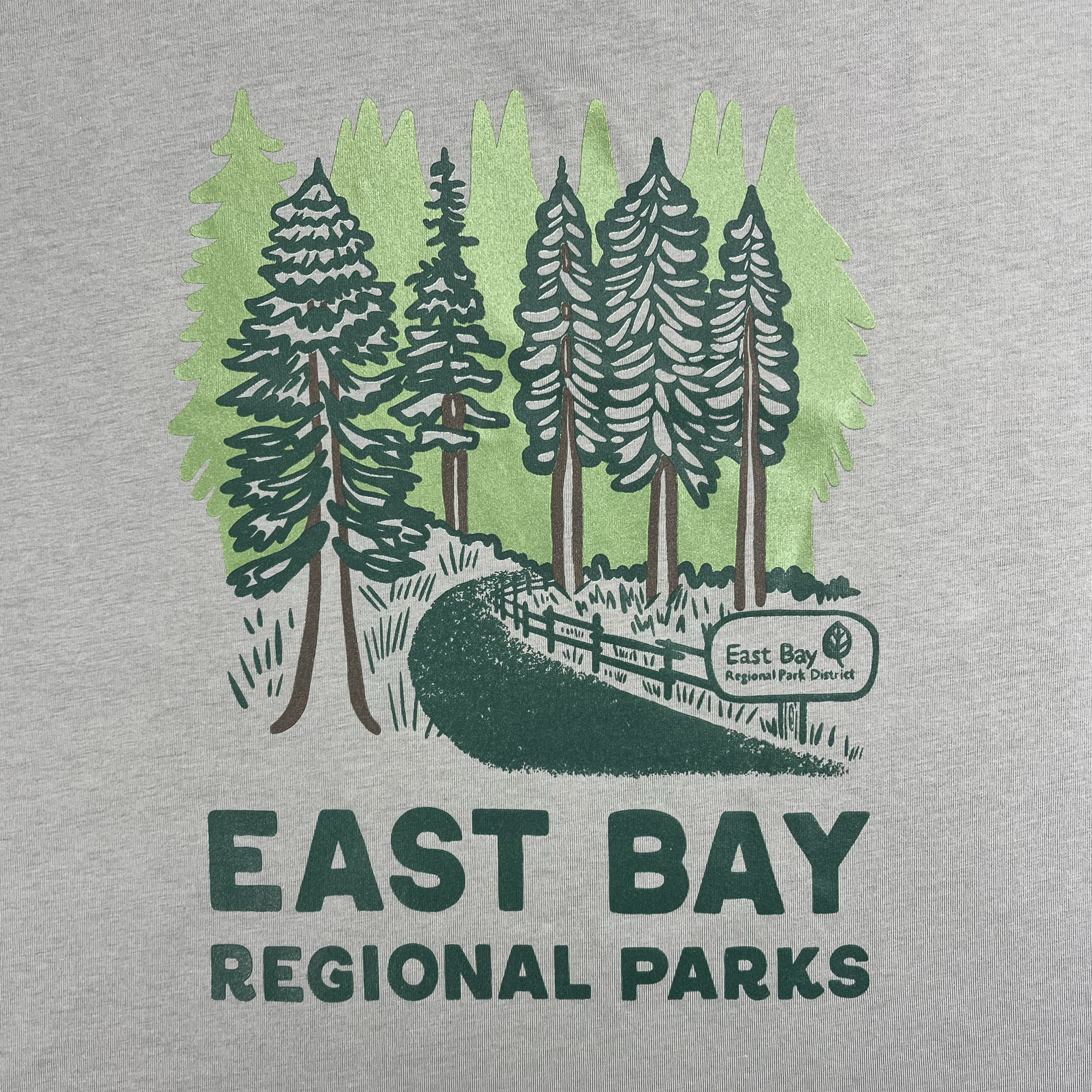 Detailed view of granite color cotton t-shirt with East Bay Regional Parks artwork