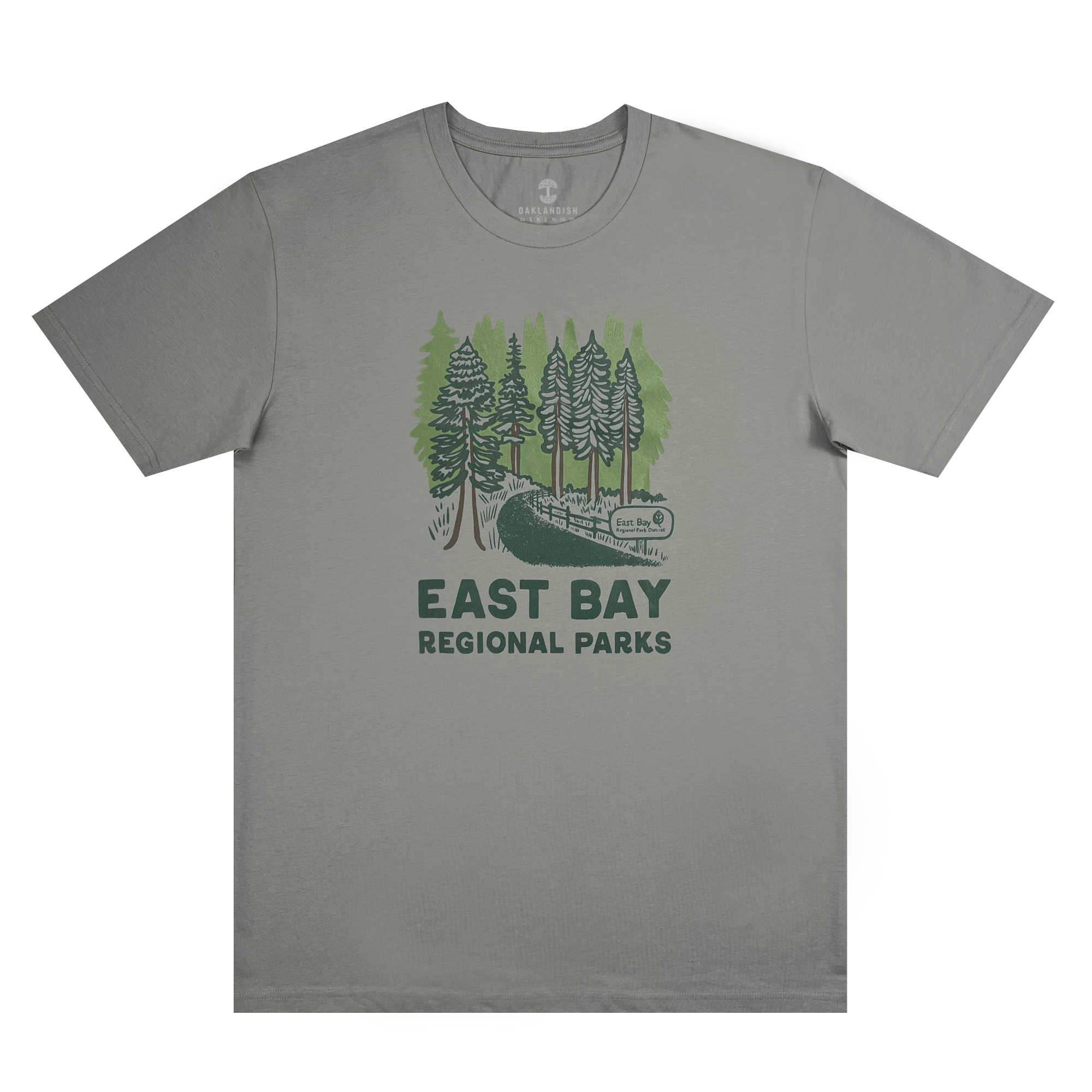Front view of granite color cotton t-shirt with East Bay Regional Parks artwork
