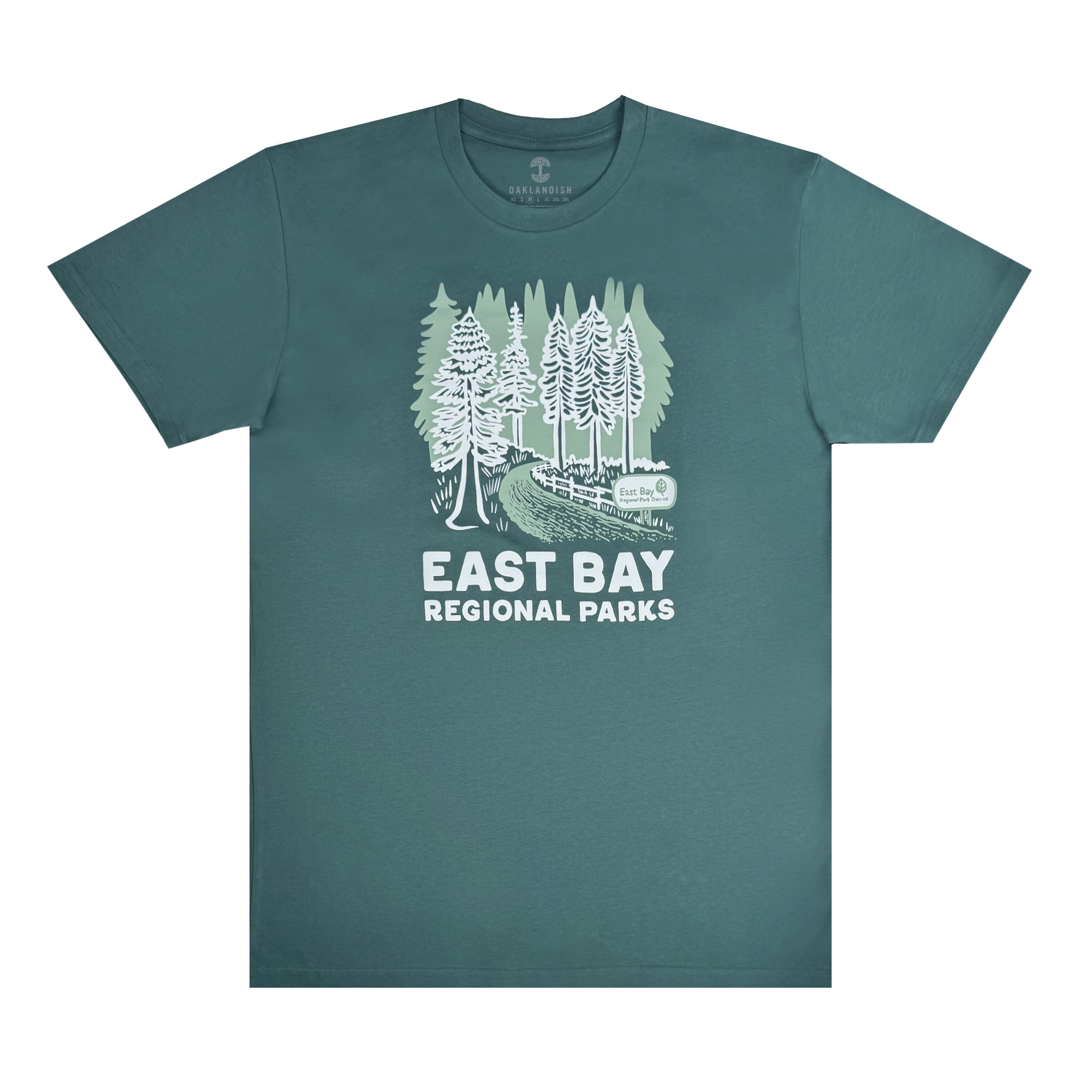 The East Bay Regional Parks Tee by Oaklandish is a teal T-shirt with a minimalist design of tall trees and an Oakland forest pathway. The words "East Bay Regional Parks" appear in bold white letters below the image. It's made from 100% cotton for comfort.