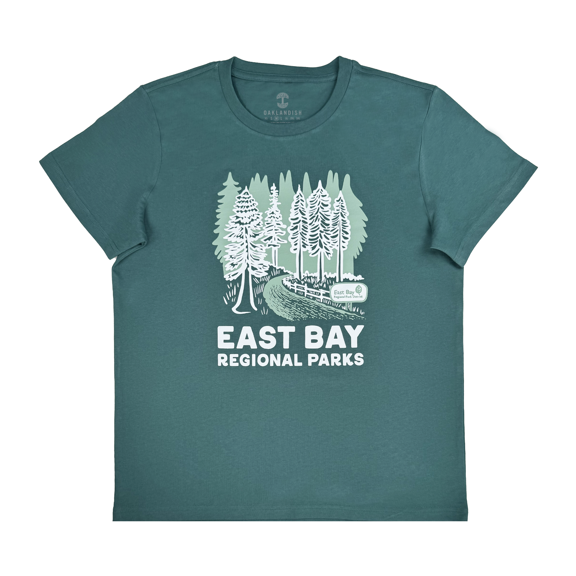 The Women's East Bay Regional Parks Tee by Oaklandish is a teal, 100% cotton classic fit t-shirt featuring a white graphic of tall trees, a winding trail with a sign, and the text "EAST BAY REGIONAL PARKS" below.