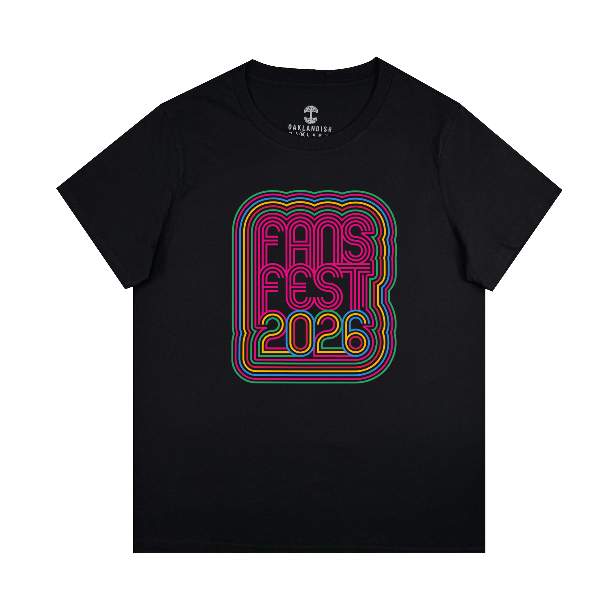 The (Preorder) Women's Fans Fest 2026 Limited Tee by Other is a 100% cotton black shirt with “FANS FEST 2026” in retro neon letters and a classic women's fit. The Oaklandish logo is featured inside the collar.
