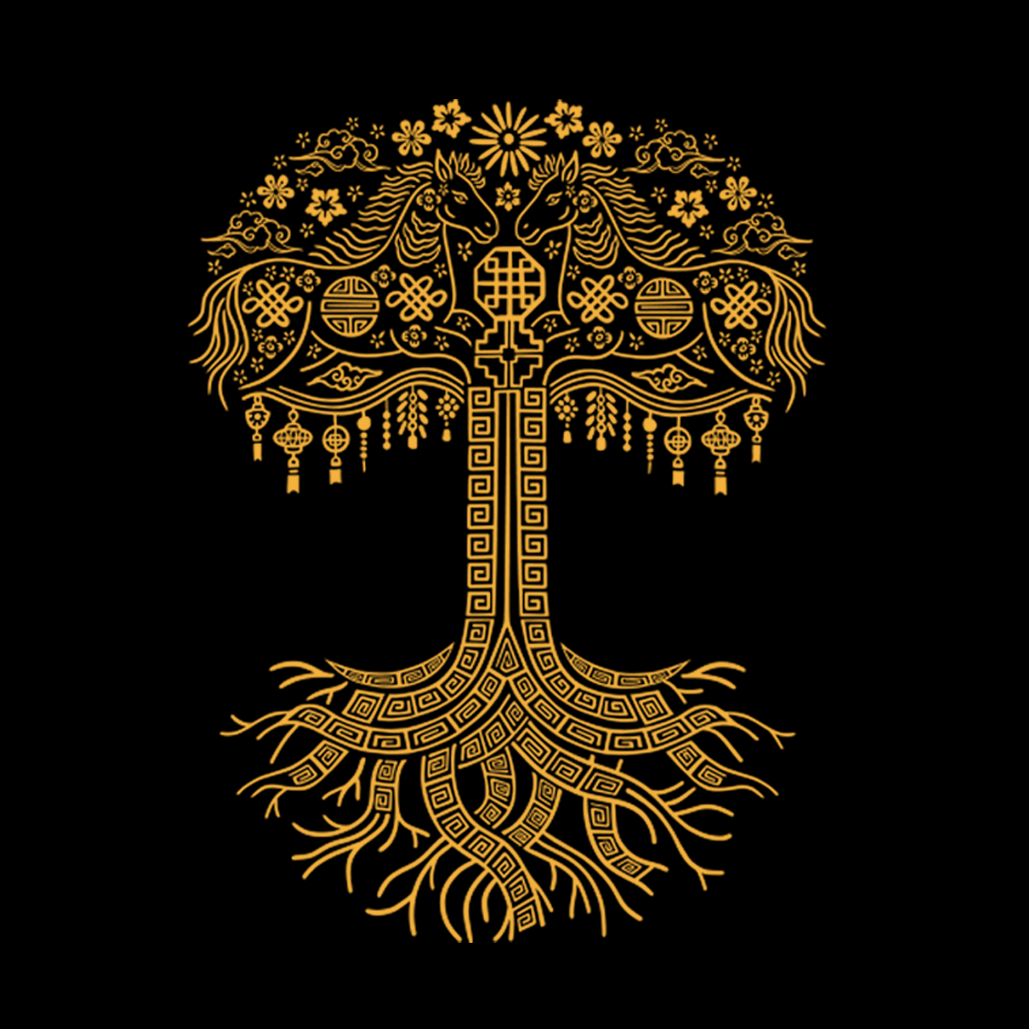 The Fire Horse Tee by Oaklandish features a gold ornate tree with geometric roots and branches shaping two unicorns, accented by flowers, lanterns, and intricate patterns on a solid black background—perfect for men's style.