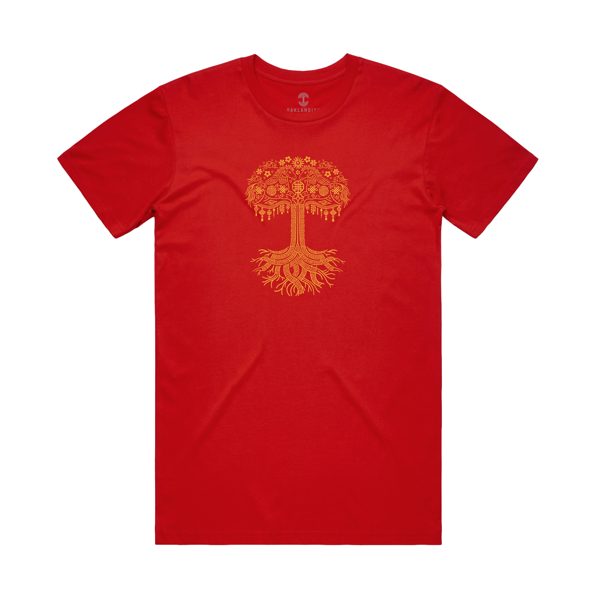 The Fire Horse Tee by Oaklandish is a red men's cotton t-shirt with a bold orange and yellow stylized tree graphic on the chest. This classic fit crew neck tee has short sleeves and is shown against a plain white background.