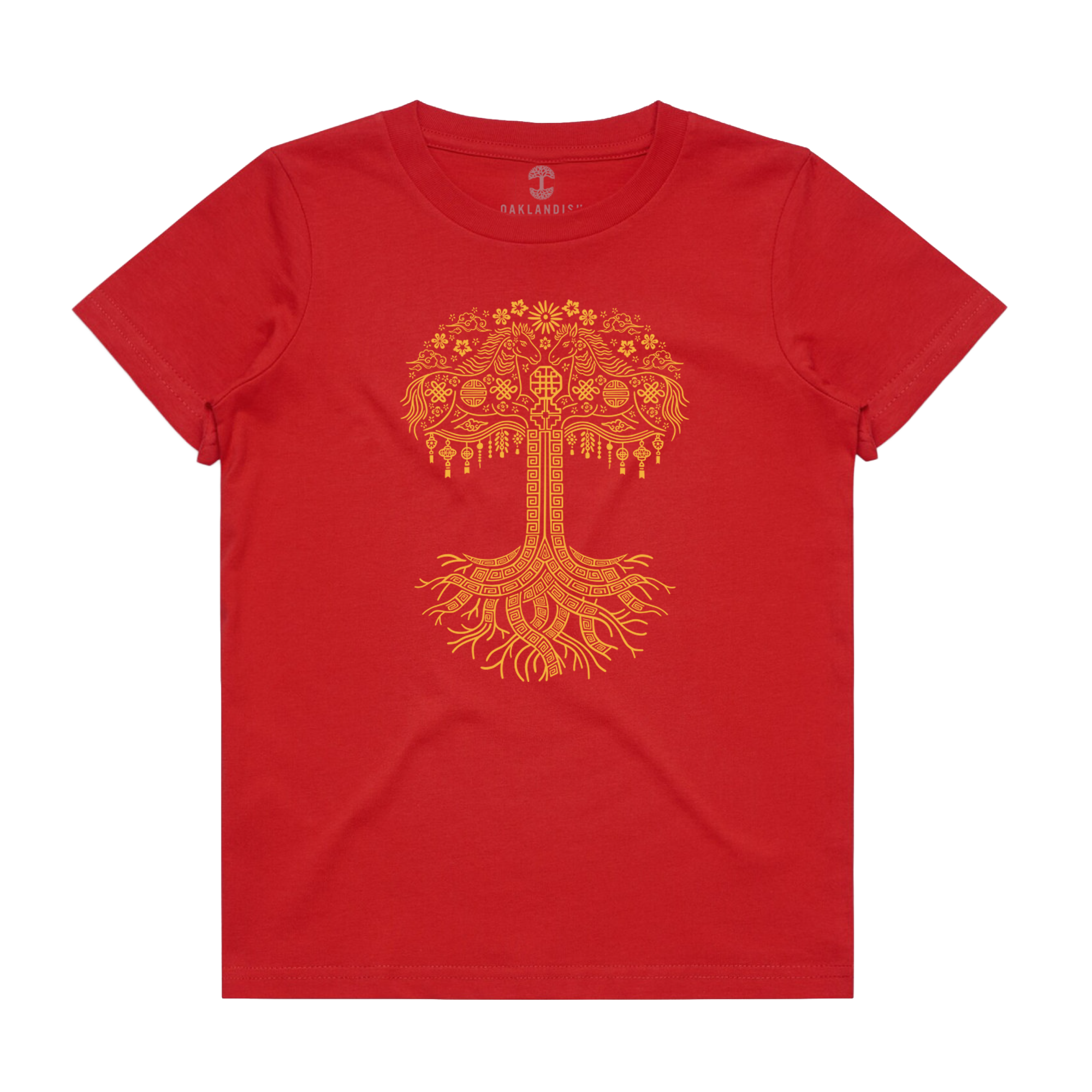 The Oaklandish Toddler Fire Horse Tee is a red short-sleeved shirt featuring a detailed orange stylized tree graphic with ornate branches, leaves, roots, and decorative patterns centered on the chest. Shirt is shown laid flat on a white background.