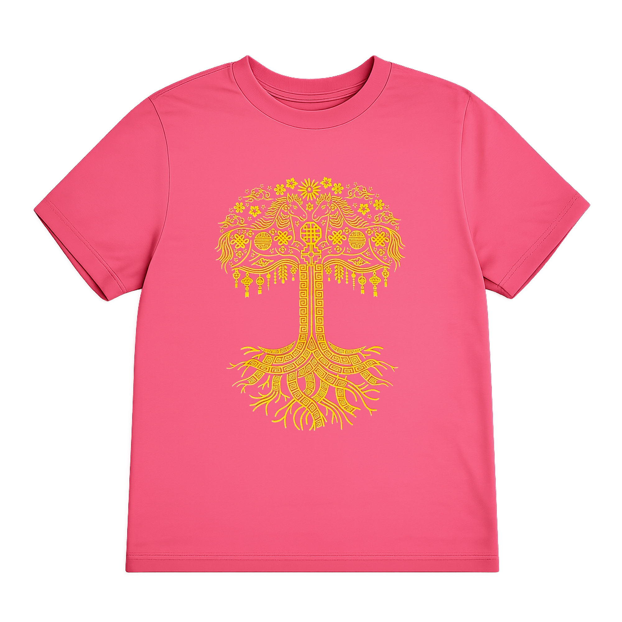 The Oaklandish Women's Fire Horse Tee is a bright pink classic-fit shirt with a bold yellow geometric-botanical tree graphic, inspired by the Year of the Fire Horse and featuring branches, leaves, and hanging ornaments.