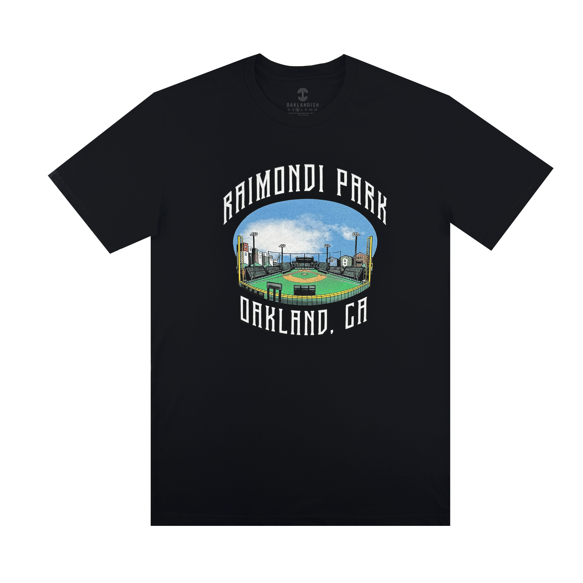 The Fisheye Tee by Oaklandish Ballers is a black shirt with an illustrated baseball field, green grass, city skyline, and arched white "RAIMONDI PARK" and "OAKLAND, CA" text—celebrating the Oakland Ballers Pioneer League team.