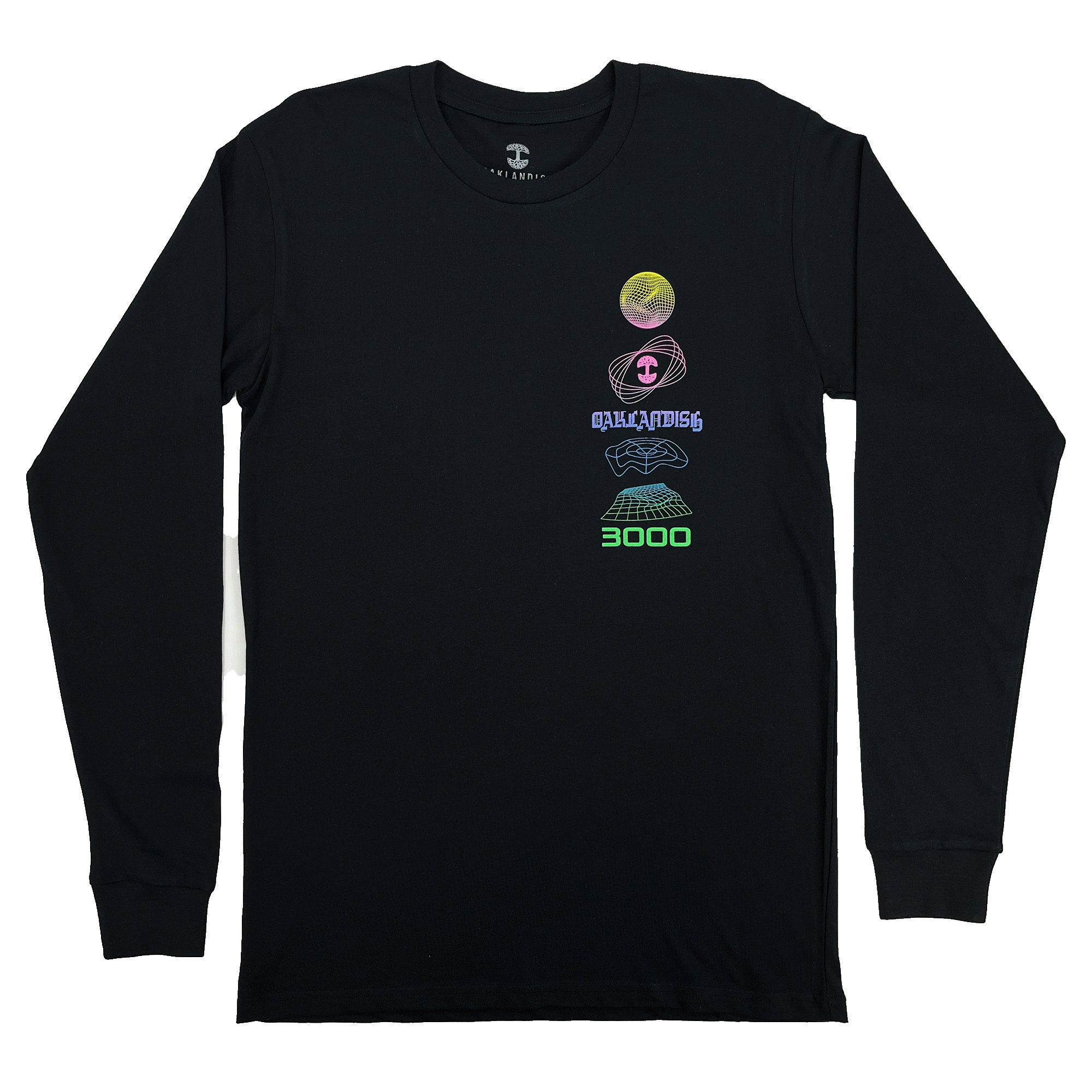 Front view of black long-sleeve t-shirt with neon full-color futuristic graphics with Oaklandish tree logo on the left chest.