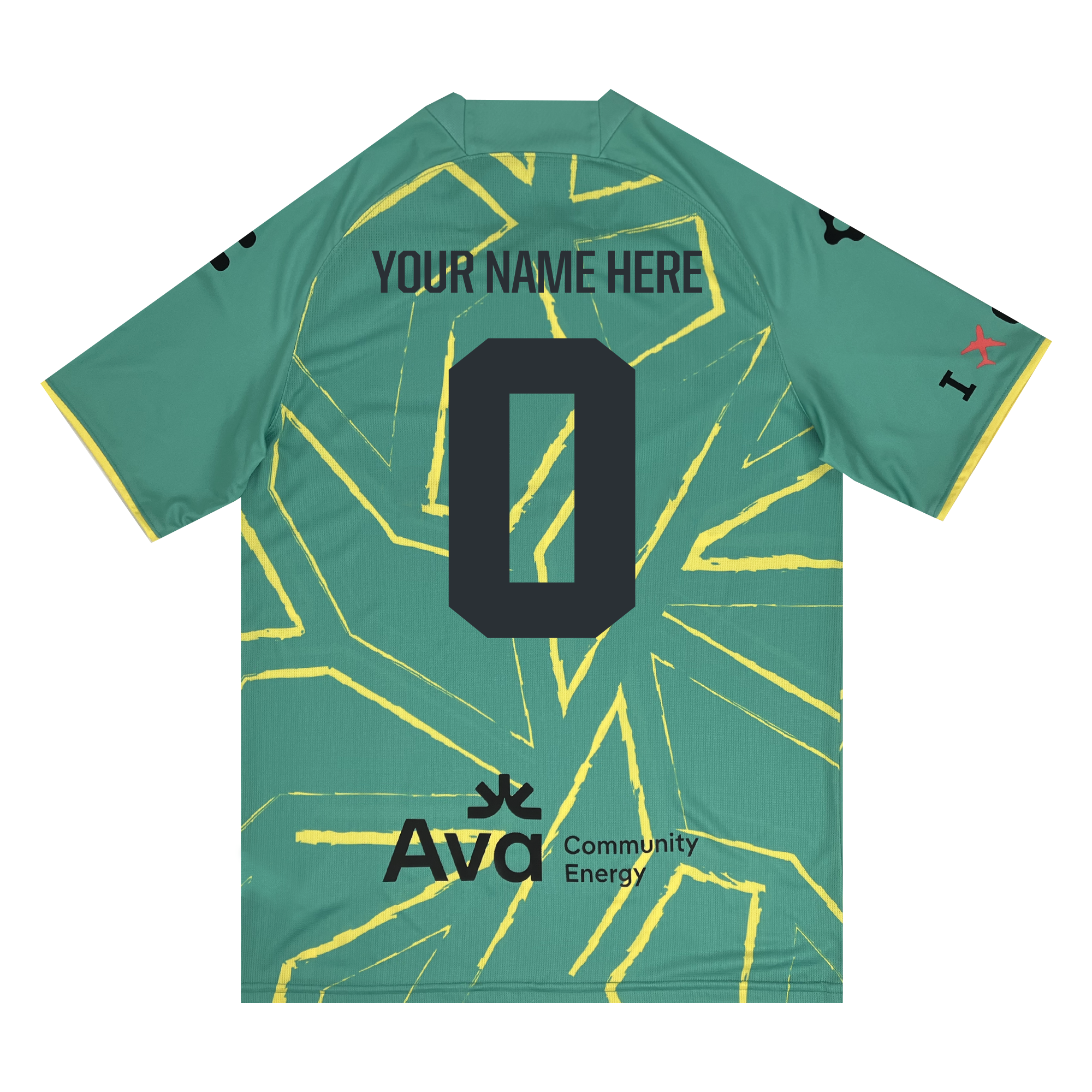 The Custom Unisex Oakland Roots SC Goalkeeper Kit by Oakland Roots SC features a green sports jersey adorned with yellow abstract lines and two black logos on the lower back. The back can be personalized with "YOUR NAME HERE" at the top and the number "0" in large black font. The right sleeve showcases a red and black icon with a heart and cross design, courtesy of Anthem Blue Cross. Additionally, it incorporates DRY FACTOR technology for enhanced comfort.