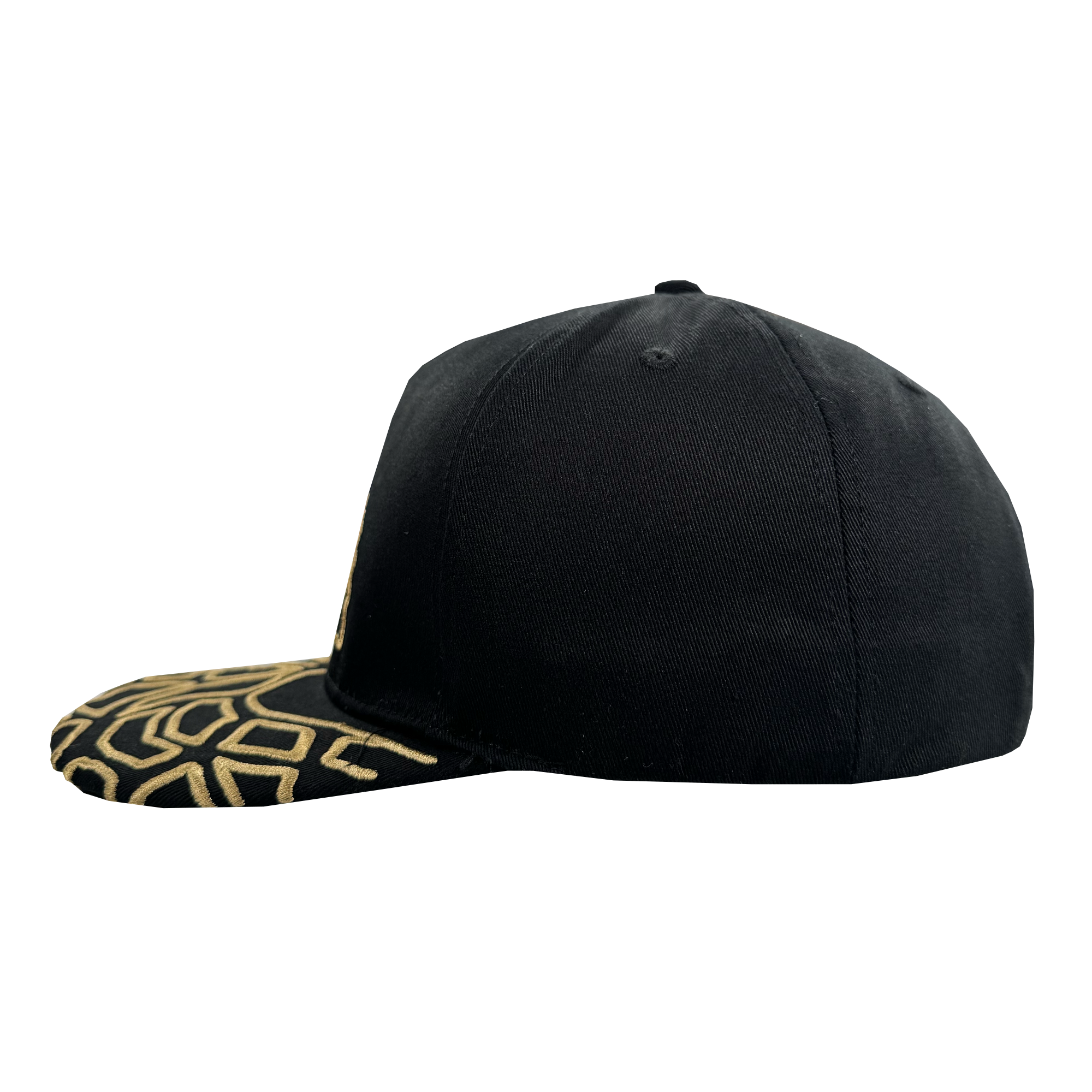 The Oakland Roots SC Growth Cap is a black 5-panel, structured fitted cap with a plain crown and flat brim featuring an abstract gold geometric pattern, displayed from the side against a white background.
