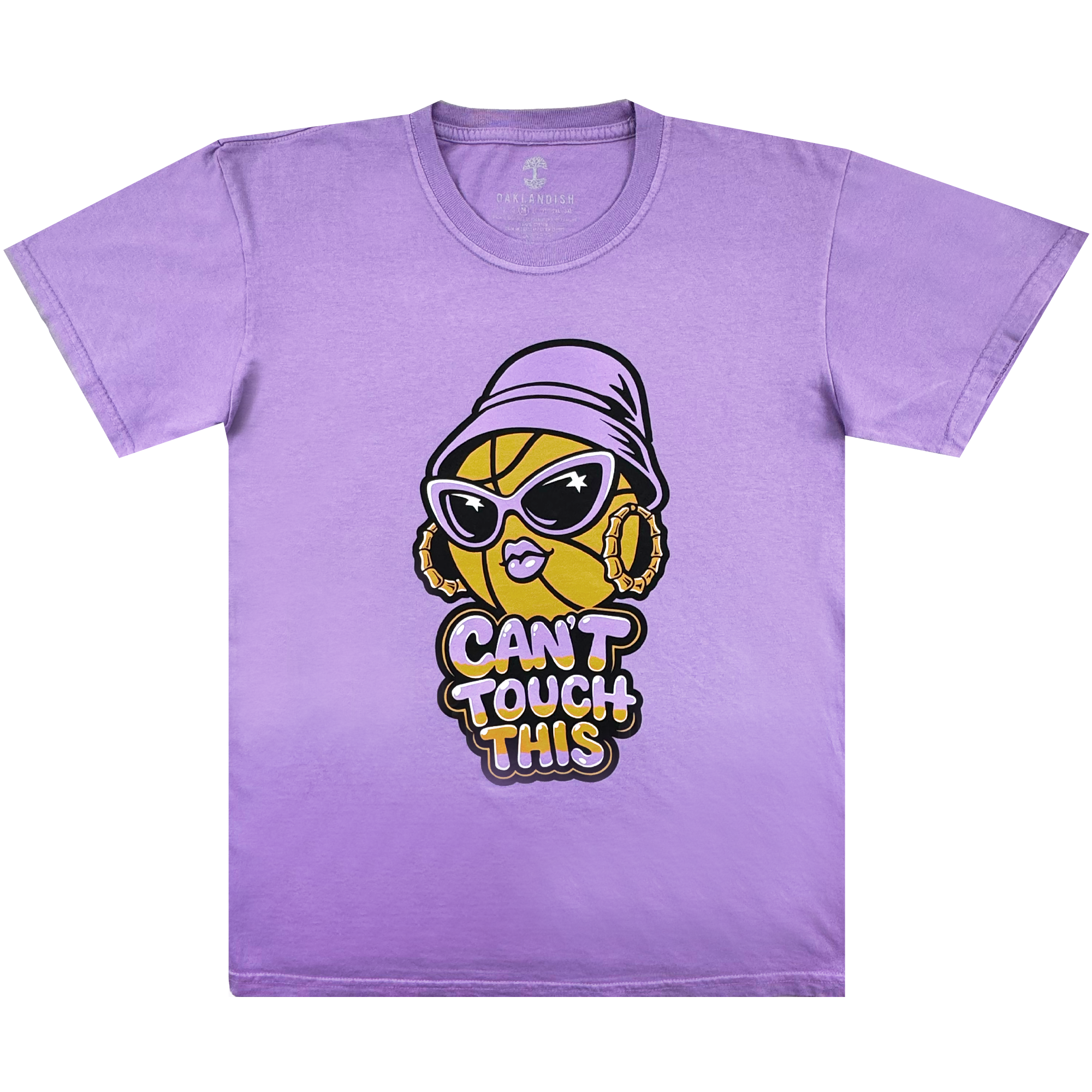 The Can't Touch This Tee by GSV features a lavender, 100% cotton classic fit with a cartoon basketball in sunglasses, hoop earrings, and a purple bucket hat. Centered below is bold yellow, white, and black "CAN'T TOUCH THIS" text.