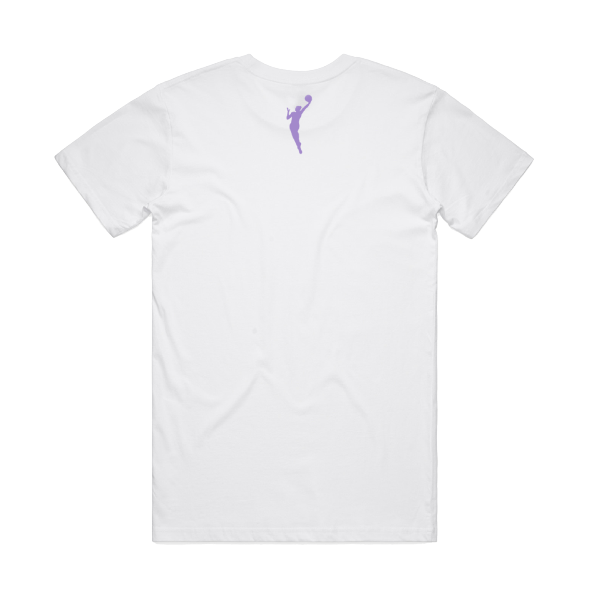 The GSV Logo Love Tee by GSV is a classic fit, plain white t-shirt made from 100% cotton. Seen from the back, it features a small light purple silhouette of a person jumping below the collar; the rest of the shirt is blank.