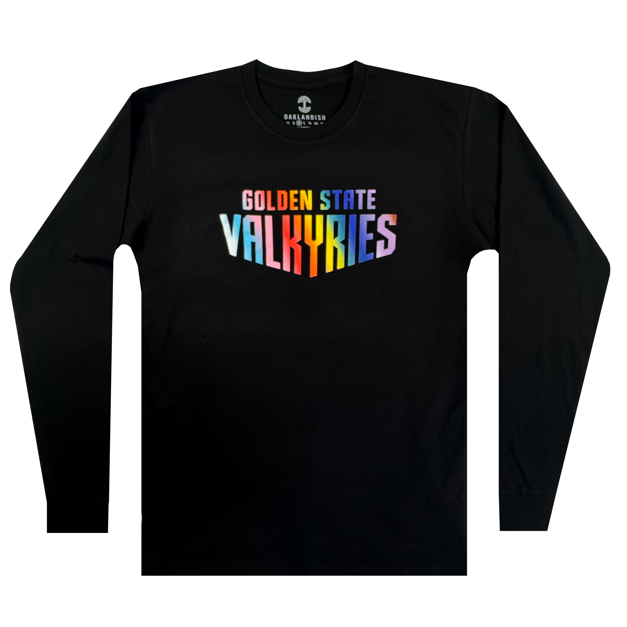 The GSV Love LS Tee by GSV is a 100% cotton long sleeve shirt with "GOLDEN STATE" in yellow and blue and "VALKYRIES" in a rainbow gradient, boldly centered across the chest.
