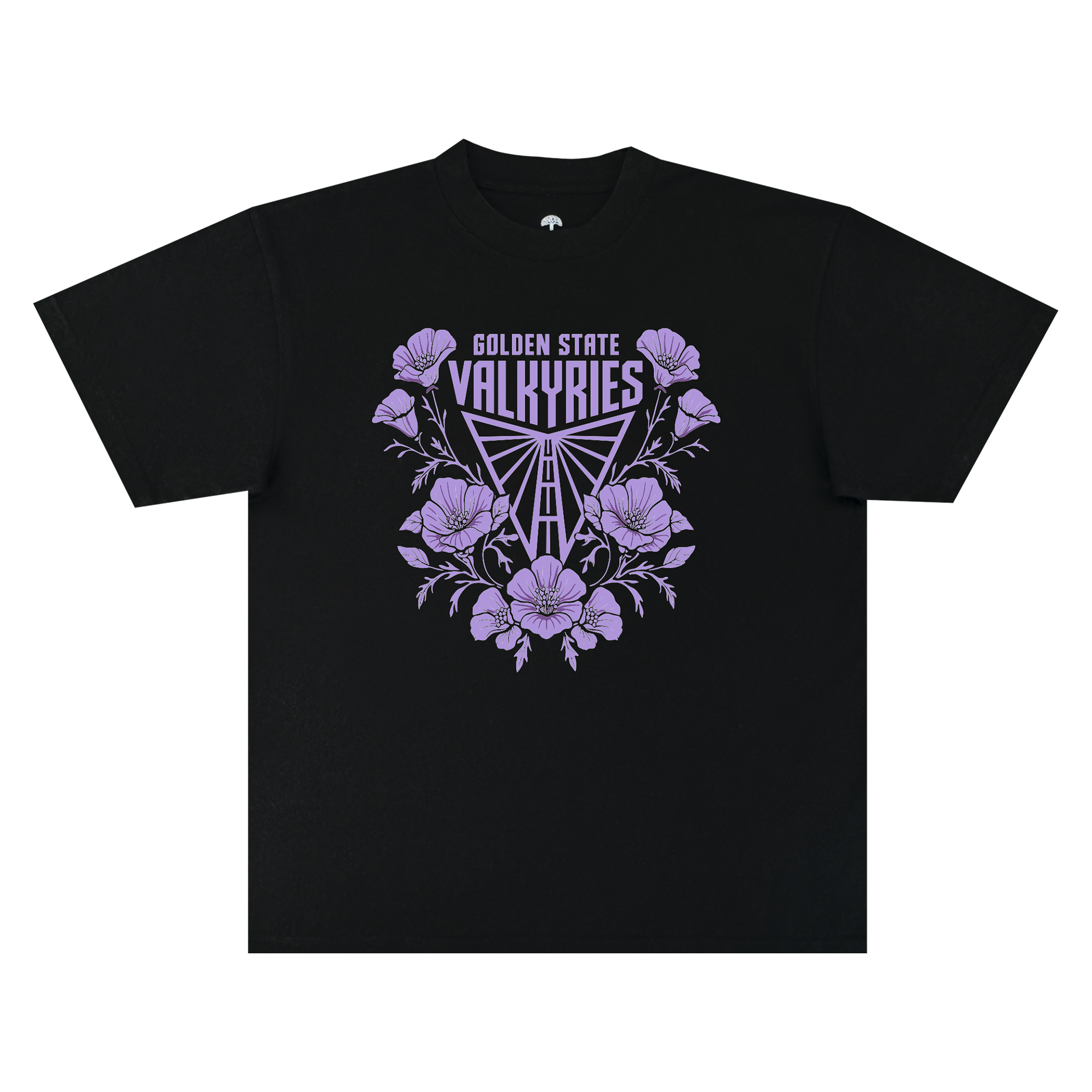 The GSV Poppies Tee by GSV is a classic fit t-shirt made from 100% cotton, showcasing “GOLDEN STATE VALKYRIES” above a triangular, stylized logo, all framed by lilac-hued flowers and leaves and centered on the chest.