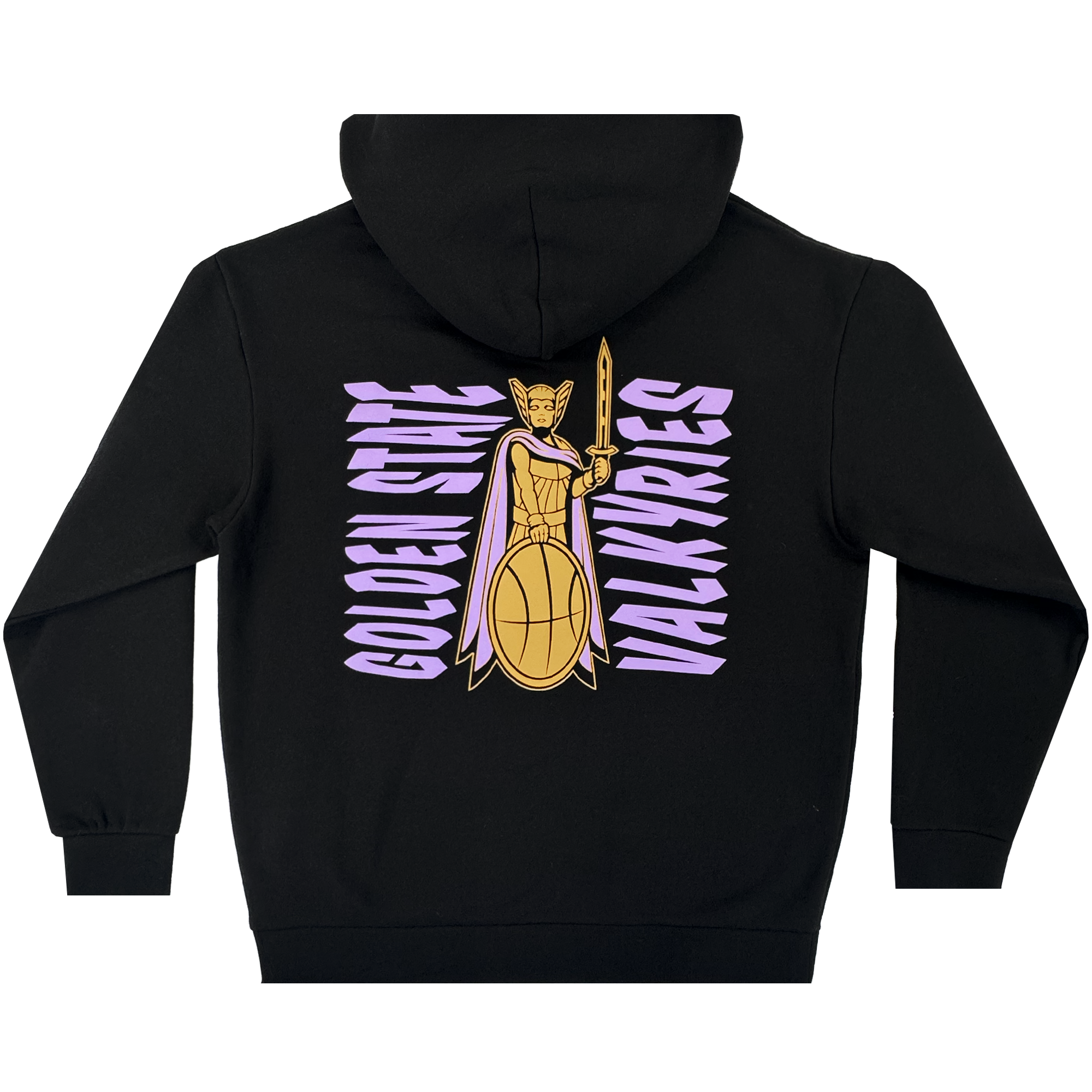 The GSV Renowned Hoodie by GSV is a black pullover with a bold gold and purple Valkyries warrior graphic holding a basketball shield. "GOLDEN STATE WARRIORS" in mirrored purple text highlights this eye-catching unisex design.
