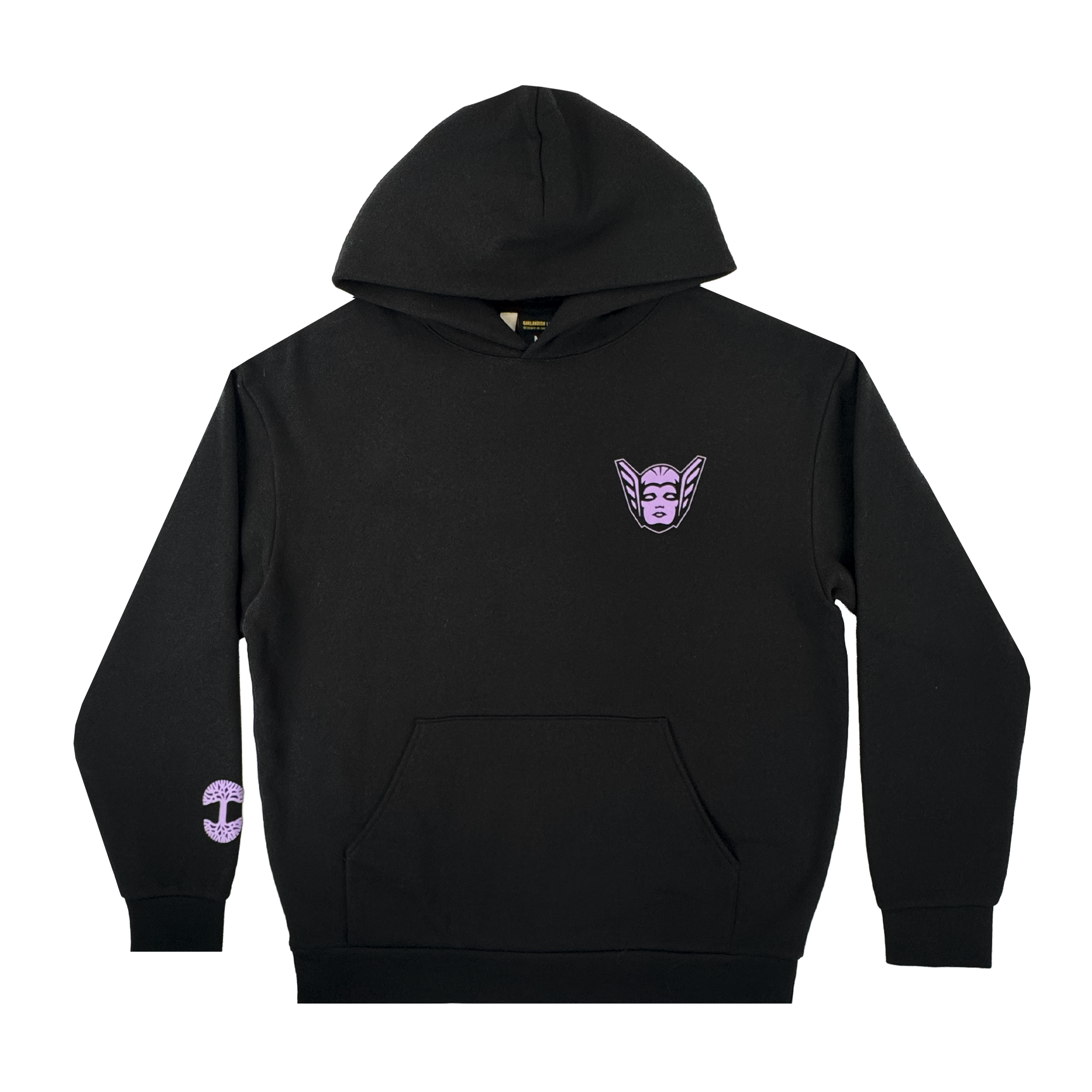 The GSV Renowned Hoodie by GSV is a black unisex pullover with a front pocket, featuring a small purple stylized face on the left chest and a round purple mark on the lower right sleeve, inspired by the Golden State Valkyries.