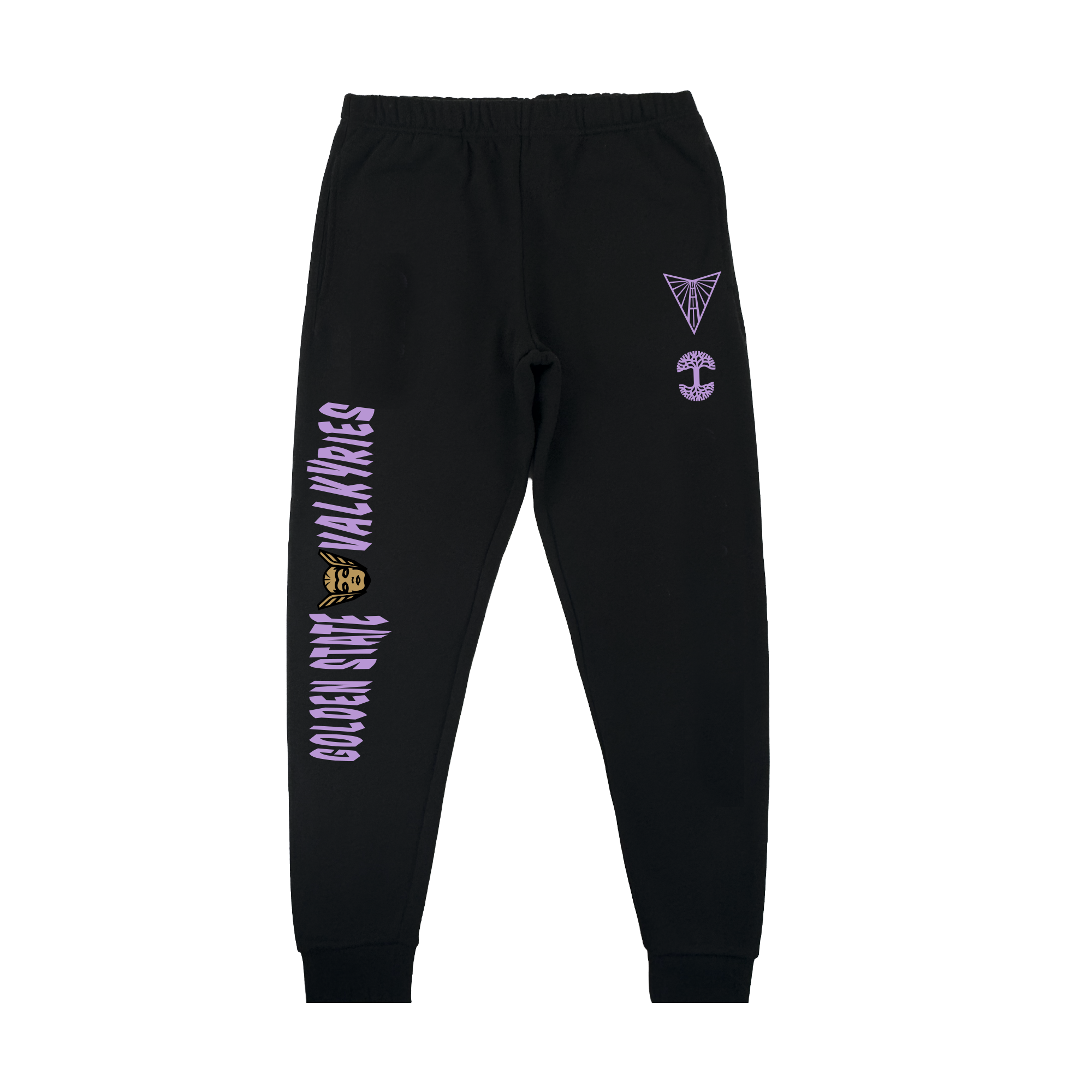 The GSV Renowned Pant by GSV features black jogger sweatpants with an elastic waist and cuffs, purple "GOLDEN INK VILLAINS" text on the left leg, and a yellow face graphic, inspired by the Golden State Valkyries. Men's sizing.
