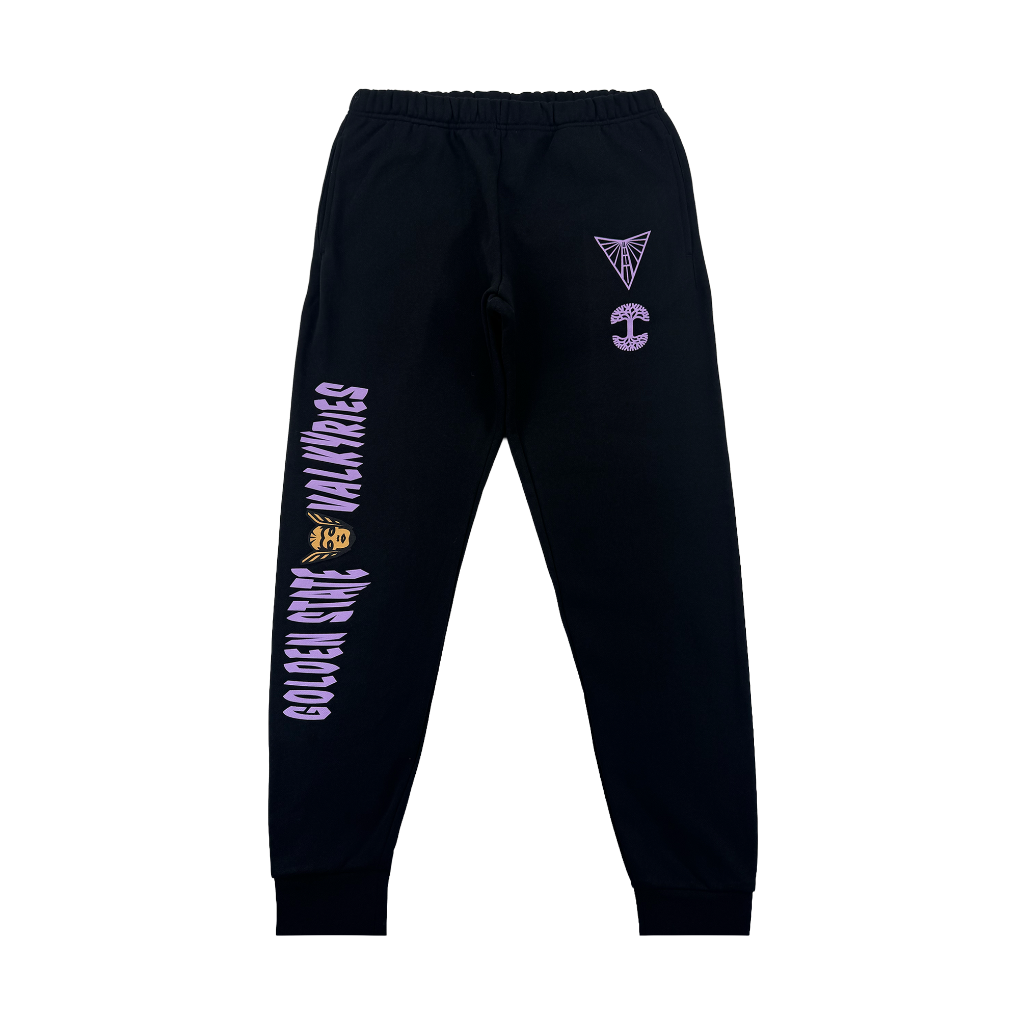 The GSV Renowned Pant by GSV is a black fleece sweatpant with cuffed ankles, purple graphics and text reading "GOLDEN STATE VALKYRIES WALL WARES," abstract symbols, and a yellow mask design on the left leg and right hip.