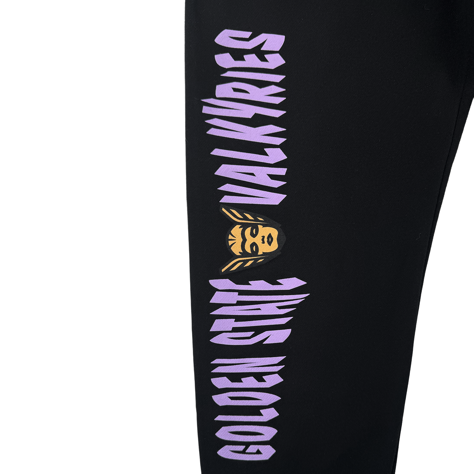 The GSV Renowned Pant by GSV is a black fleece sweatpant with bold, vertical purple "GOLDEN STATE VALKYRIES" text and a yellow Valkyrie face with winged helmet featured between the words.