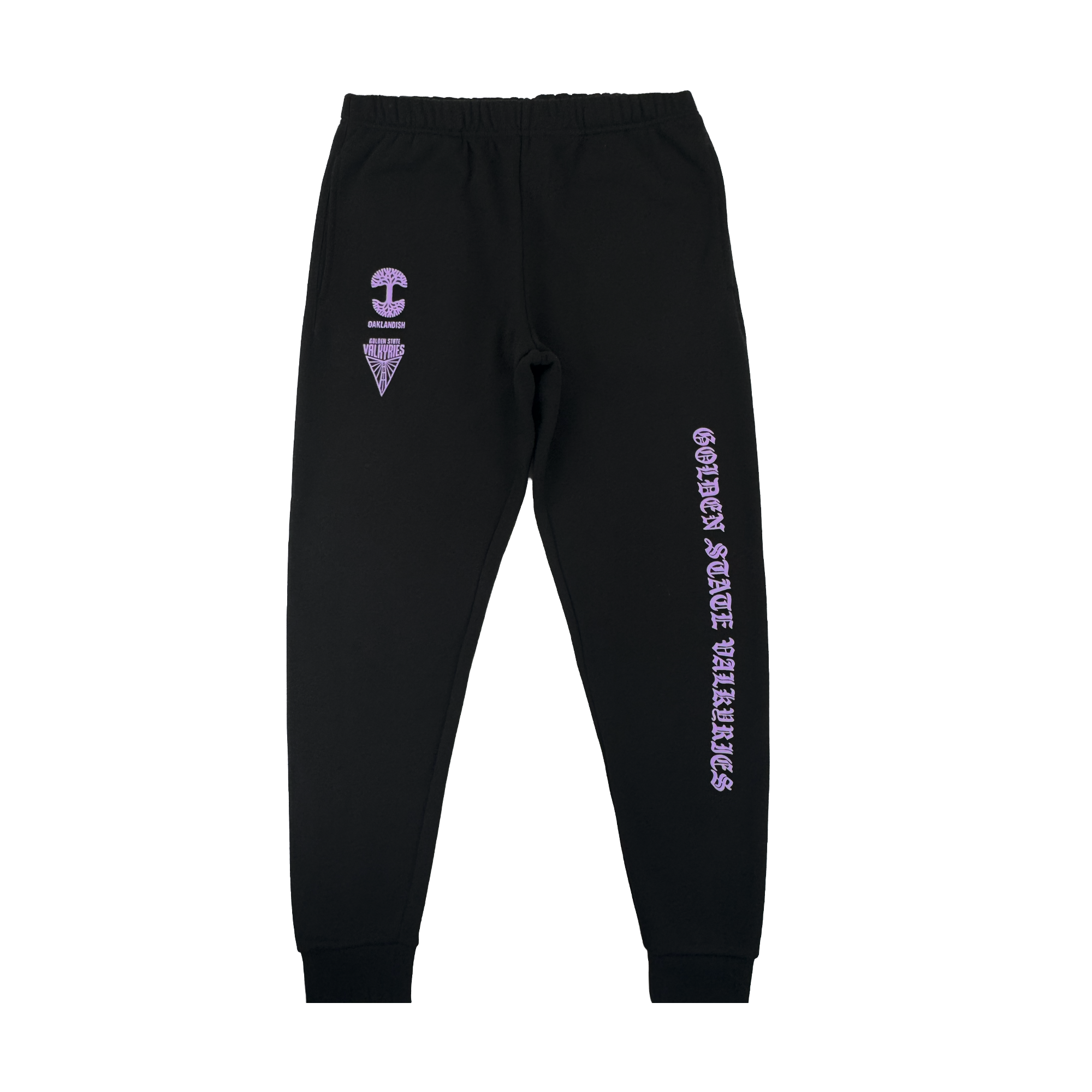 The GSV ROTV Pant by GSV features men's black sweatpants with an elastic waistband, cuffs, purple "Golden State Valkyries" text down the left leg, and purple geometric shapes—a circle and triangle—on the right thigh.