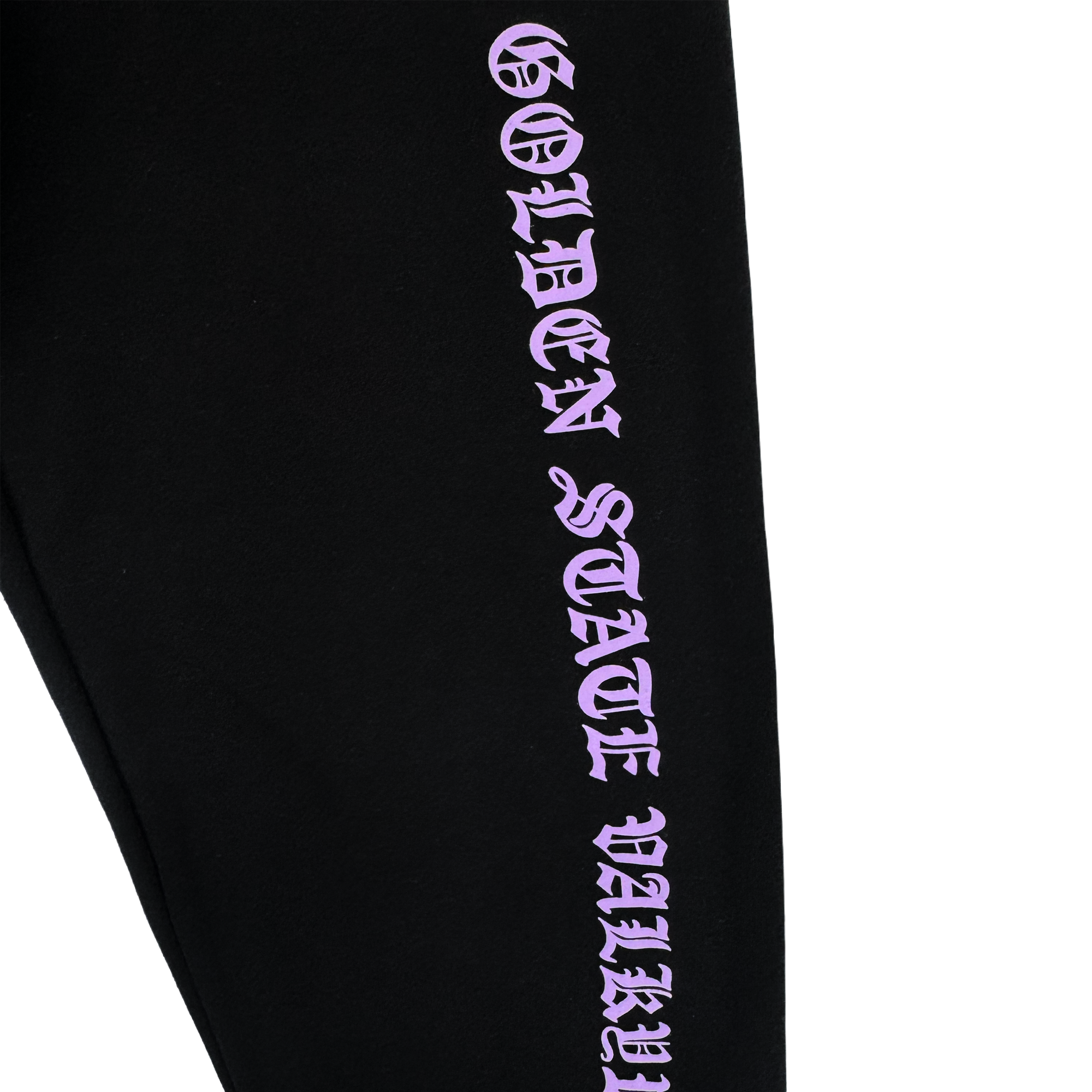 The GSV ROTV Pant by GSV features black fabric, men's sizing, and "GOLDEN STATE VALLEY" printed vertically in bold lilac Old English-style lettering, inspired by the Golden State Valkyries, on a plain white background.