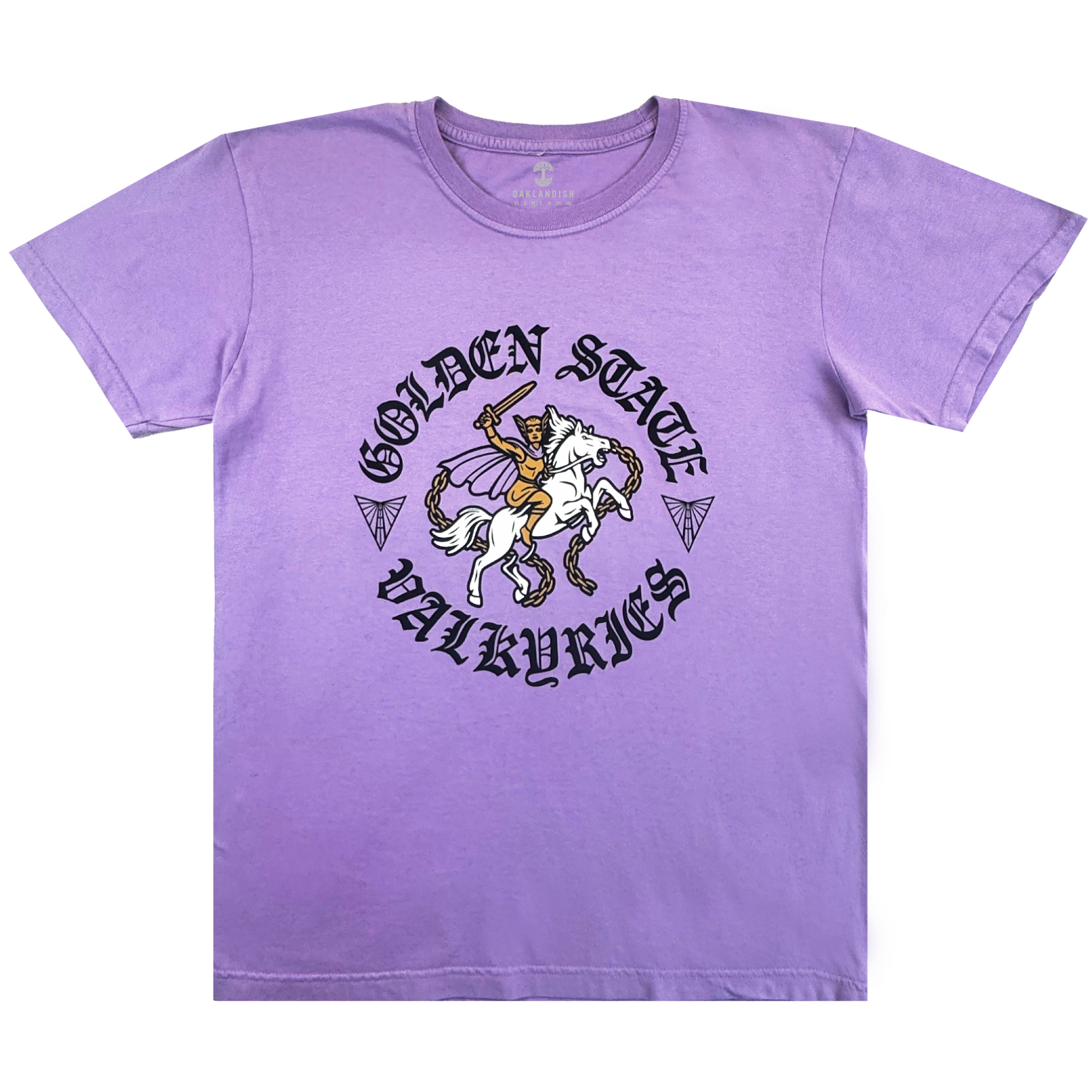 The GSV ROTV Tee is a 100% cotton, lavender Classic fit shirt with a valkyrie on a white horse, “Golden State Valkyries” in medieval font, and two diamonds flanking the horse.