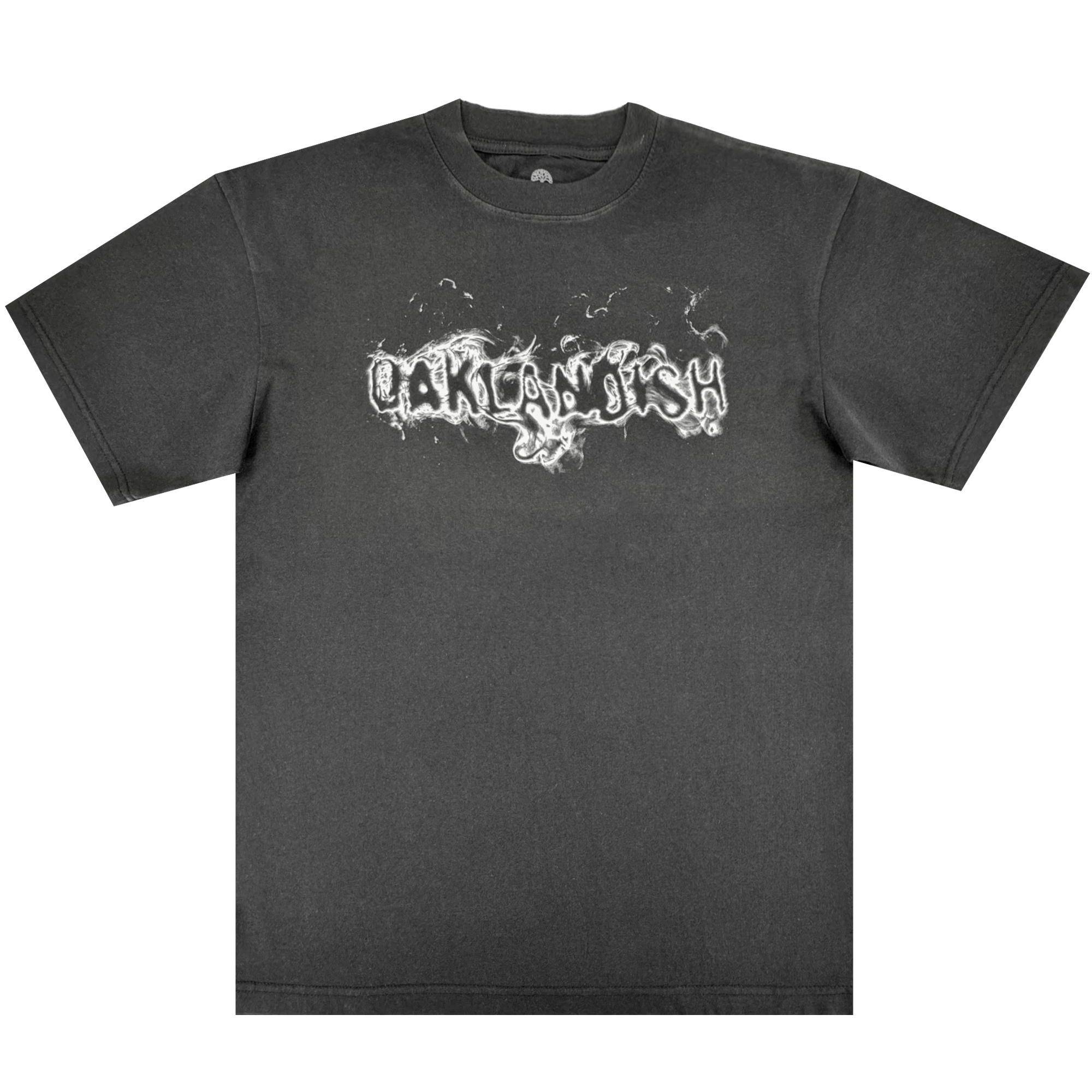 The Oaklandish Haze Tee is a men's black heavy-weight cotton t-shirt with a white, graffiti-style "OAKLANDISH" design in smoky letters on the chest. Classic fit with short sleeves and a crew neckline.