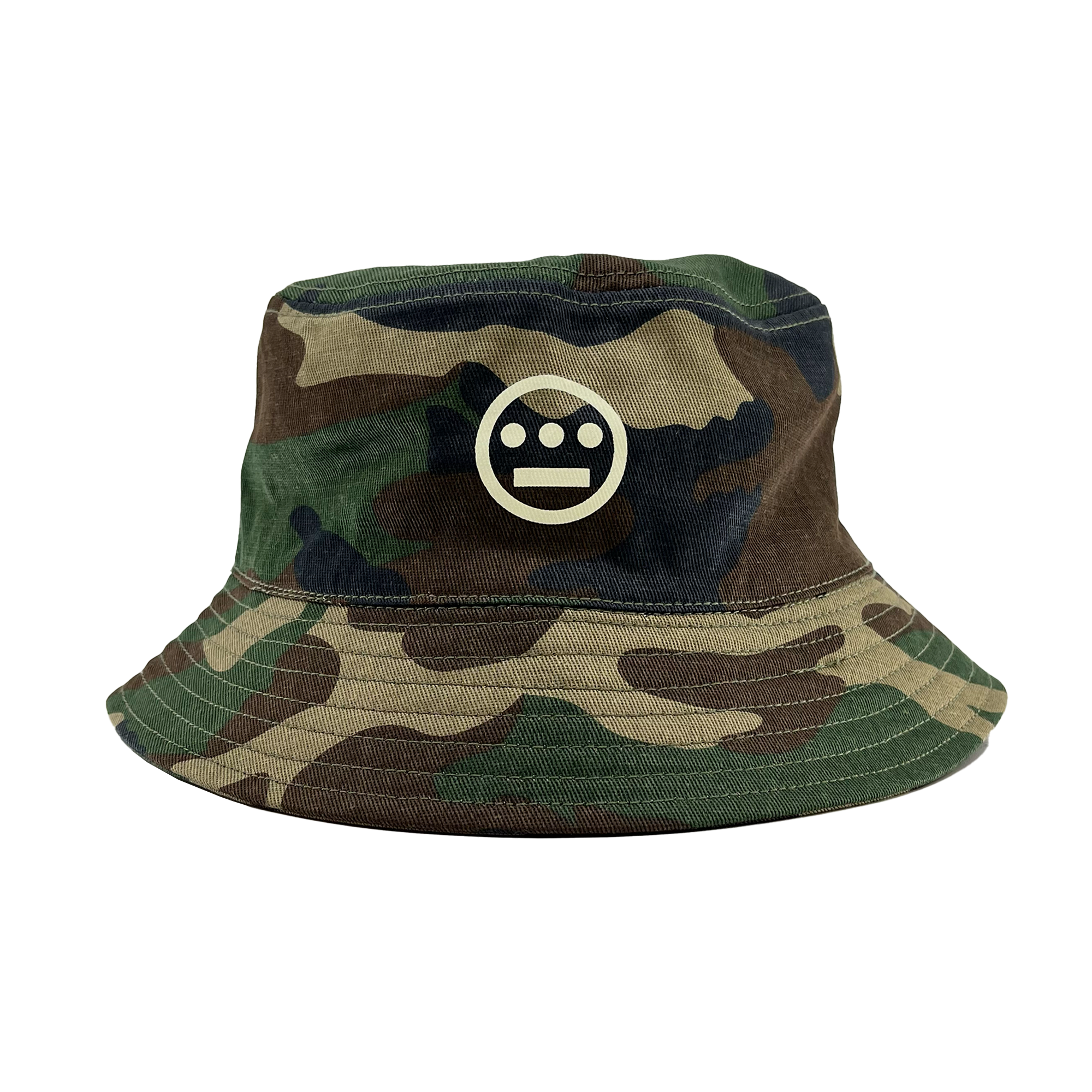 Woodland Camo bucket hat with Hieroglyphics Hip Hop Crew logo on the front crown. 