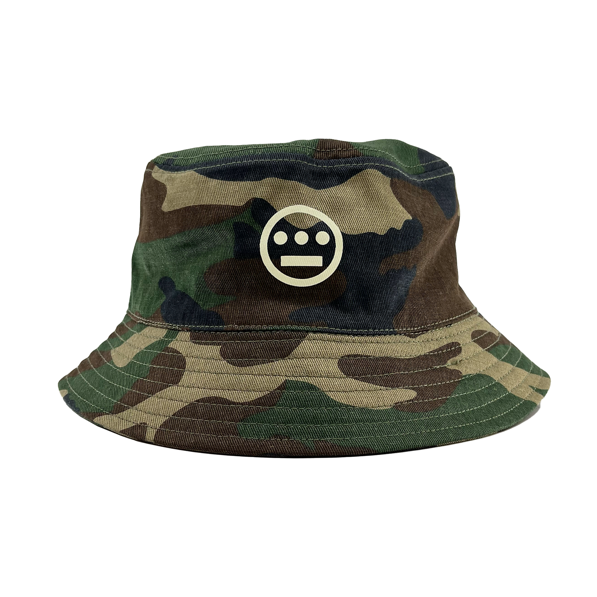 Woodland Camo bucket hat with Hieroglyphics Hip Hop Crew logo on the front crown.