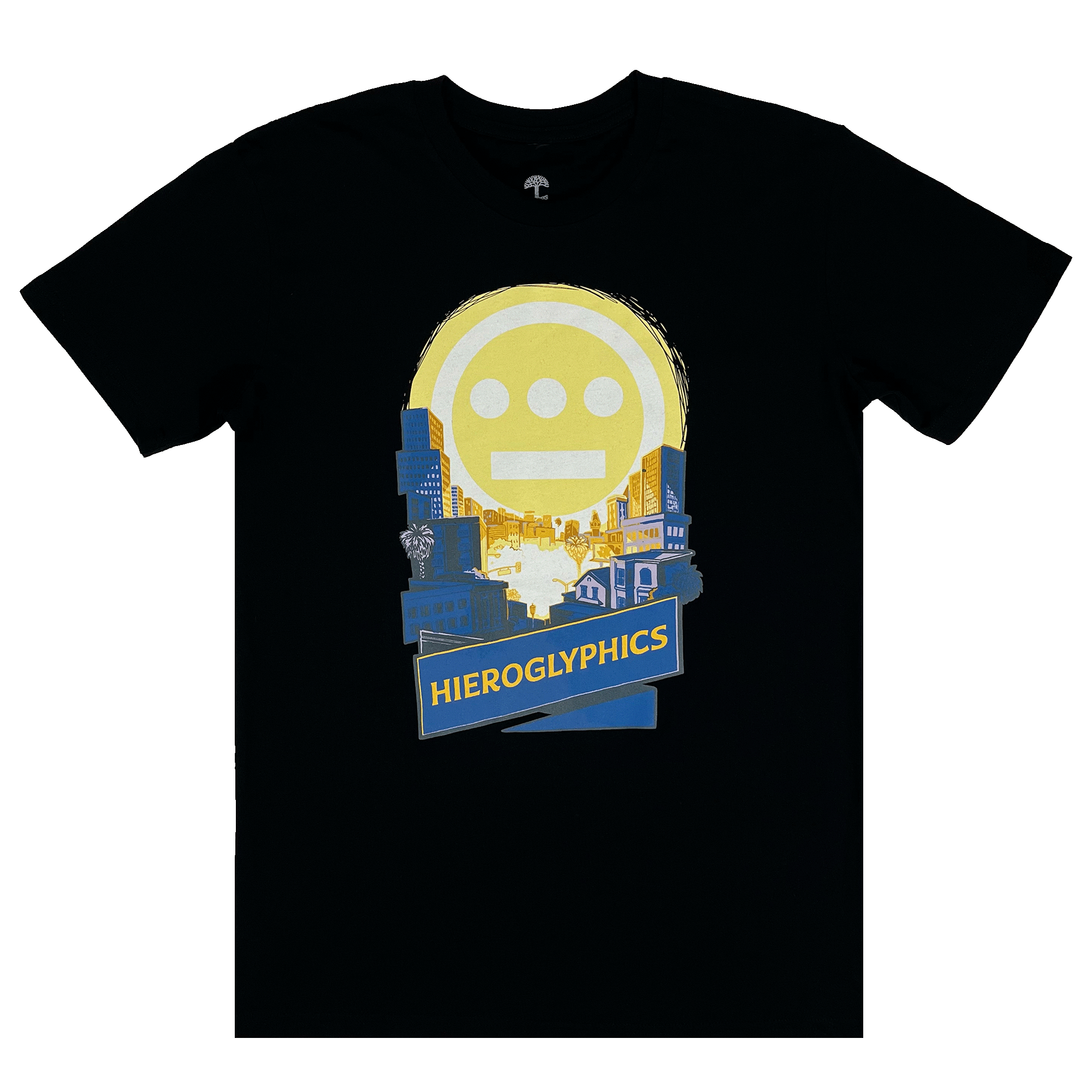 Front view of a black t-shirt with Hiero Valley, Hieroglyphics Hip Hop Graphic on the front chest.