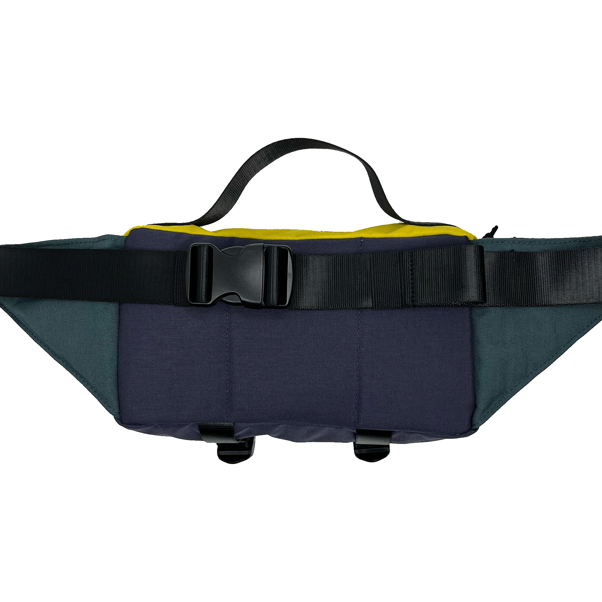 The Oaklandish Hip Bag by Oaklandish is a versatile waist pack featuring a combination of dark blue, grey, and yellow panels. It includes a top handle, an adjustable black strap with a plastic buckle closure, and two small strap loops at the bottom. Its compact design incorporates premium details, making it functional for carrying small items with unisex appeal.