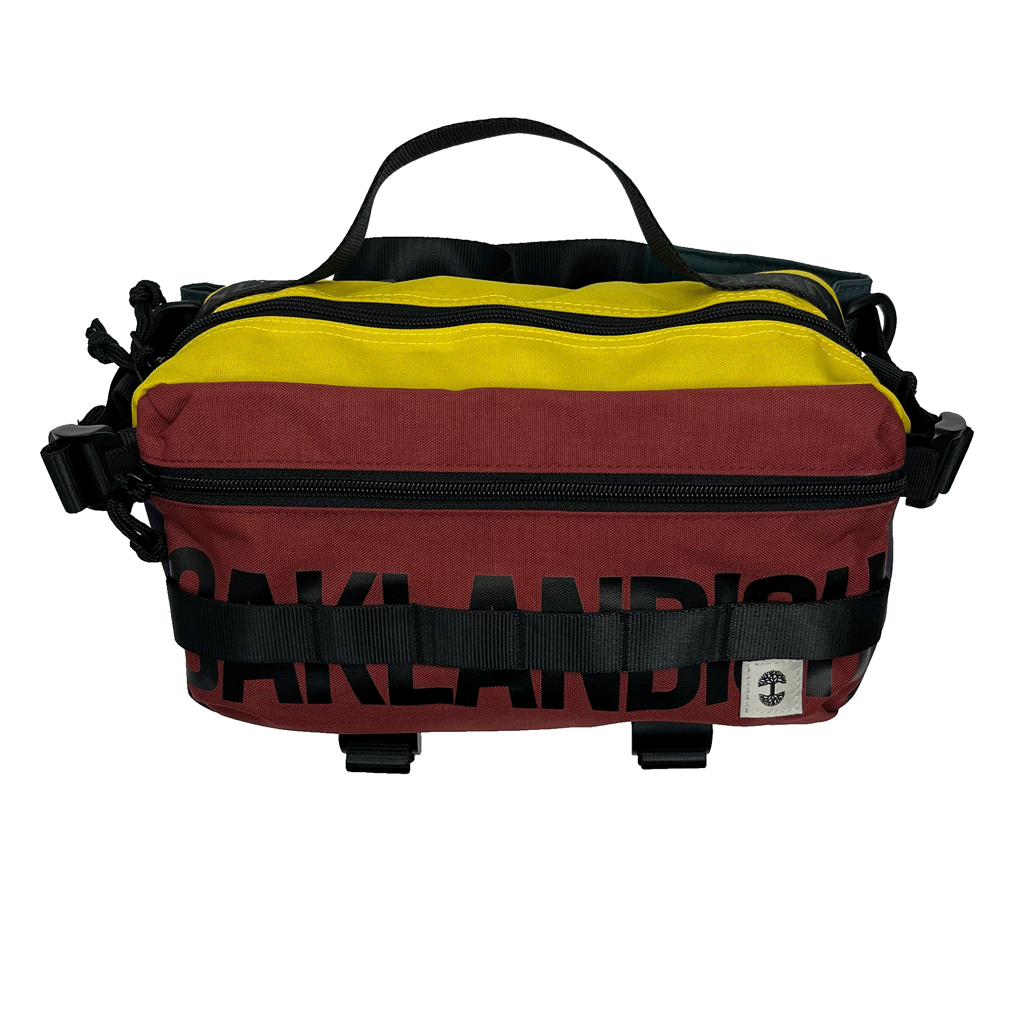 Front view of a red and yellow color-blocked cross-body bag with front zipper, large black Oakladish wordmark, and top handle.
