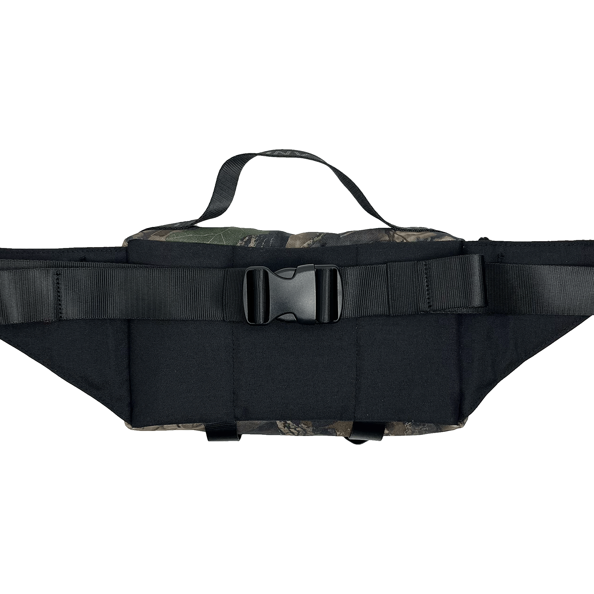 The backside of an Oakladish cross-body bag reveals black padding and a large hip belt with a durable clip.