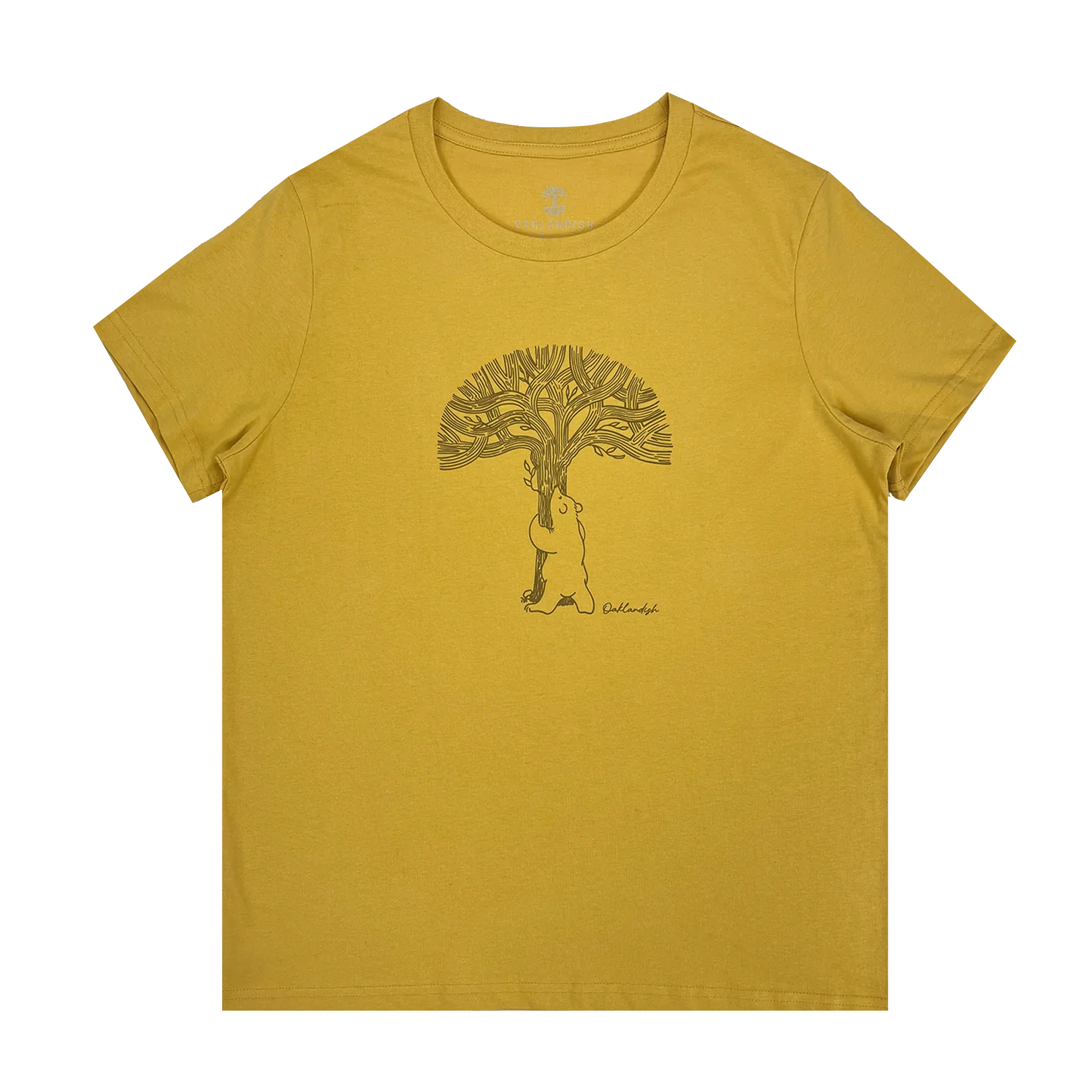 Women’s cut mustard yellow t-shirt with line graphic of a bear hugging a tree representing Oaklandish.