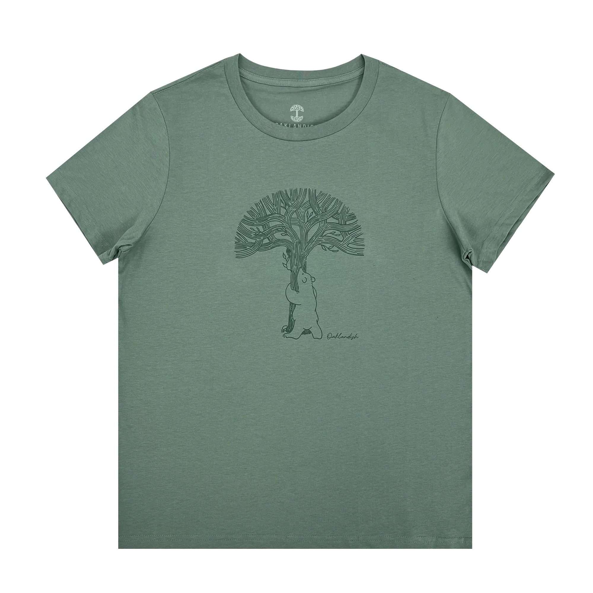 Women’s cut sage green t-shirt with line graphic of a bear hugging a tree representing Oaklandish.