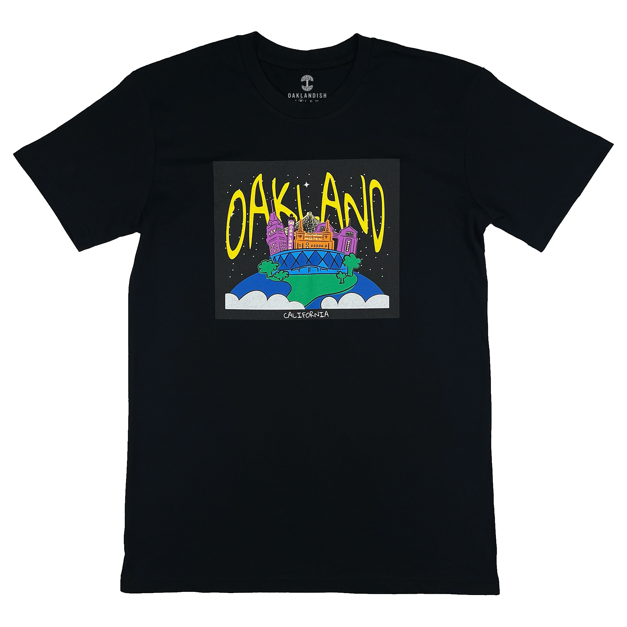 Graphic depicting Oakland places depicted as full-color celestial spaces on a black t-shirt.