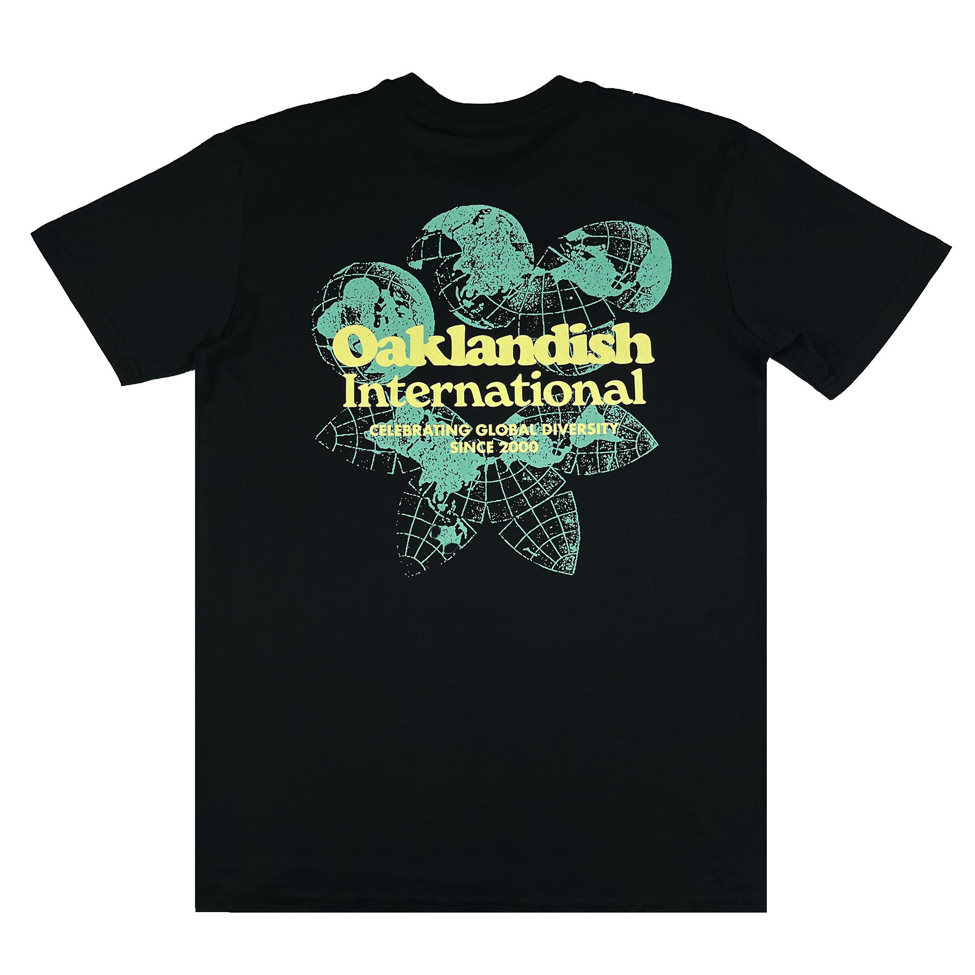Backside of a black t-shirt featuring a green and yellow Oakland International graphic with a caption celebrating global diversity since 2000.