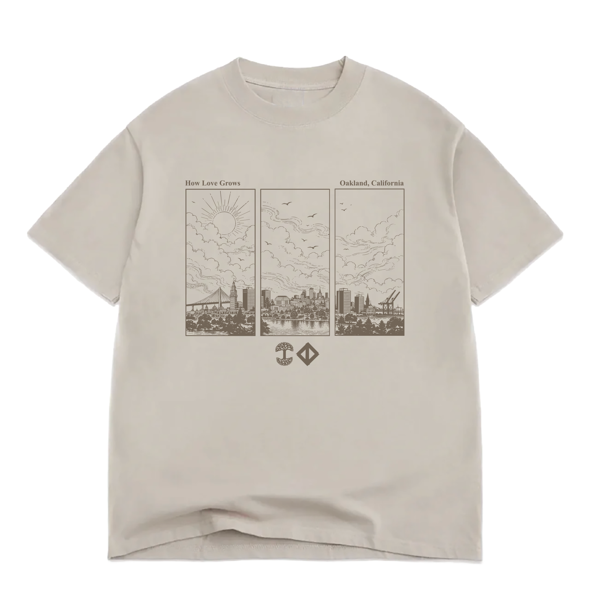 Beige 100% cotton Jwalt X Tidal Tee by Oaklandish in a classic fit, featuring a brown triptych line drawing of Oakland, California’s skyline with clouds, sun, birds, and cranes. The text above reads “How Love Grows” and “Oakland, California,” with two small geometric icons below the illustration.