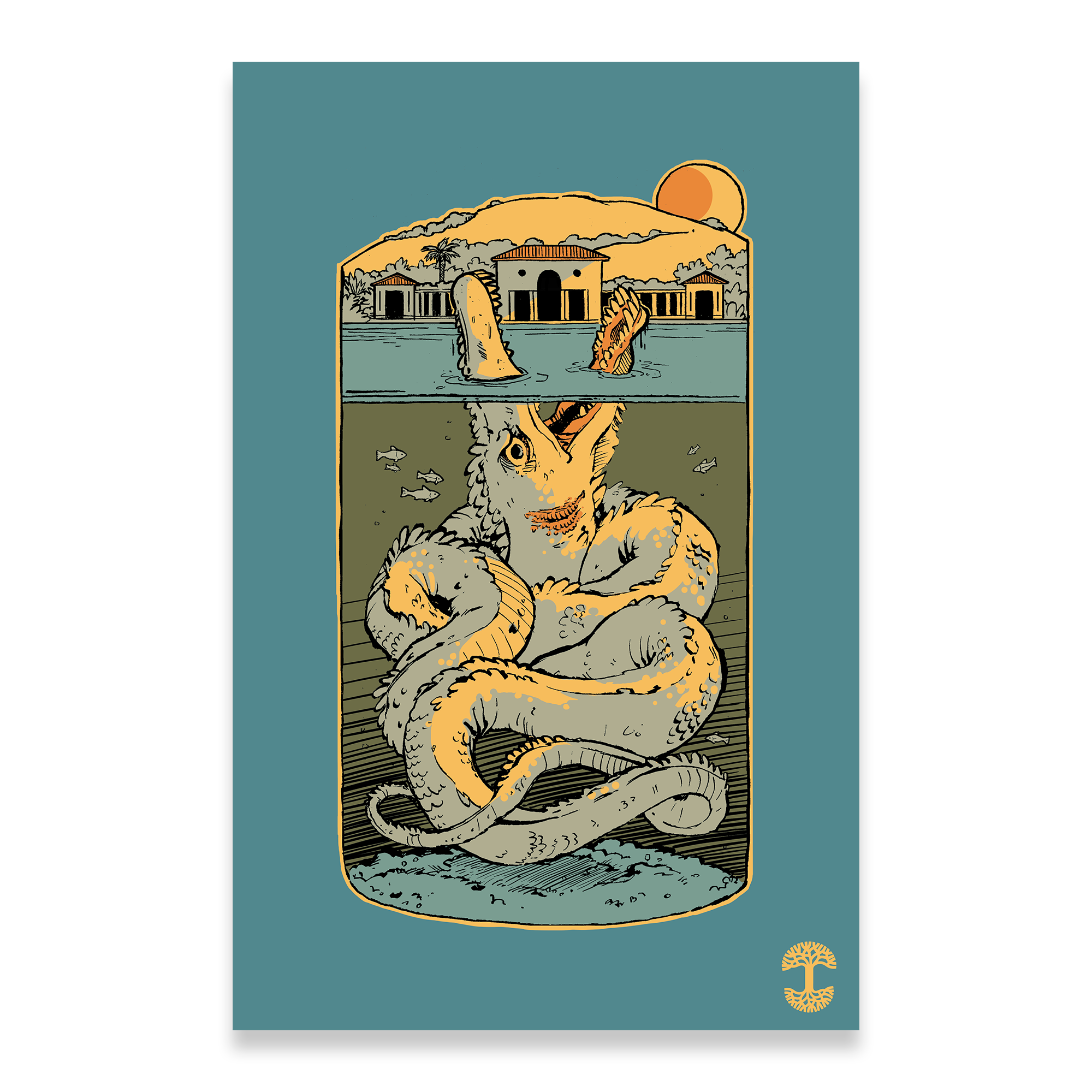 The Lake Monster Poster by Oaklandish depicts a serpent coiled underwater, partially visible above in a landscape with buildings. Its head emerges near structures against a setting sun. The scene uses earthy tones on a teal background with a small tree emblem in the corner.