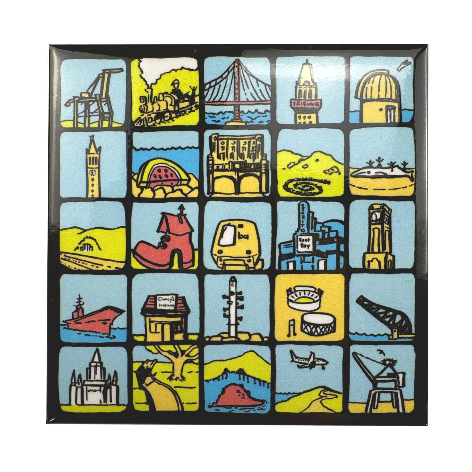 The Oaklandish East Bay Landmark Magnet features a vibrant grid of hand-drawn illustrations of local landmarks, buildings, bridges, monuments, and scenery, outlined in black with blue, yellow, and red accents.