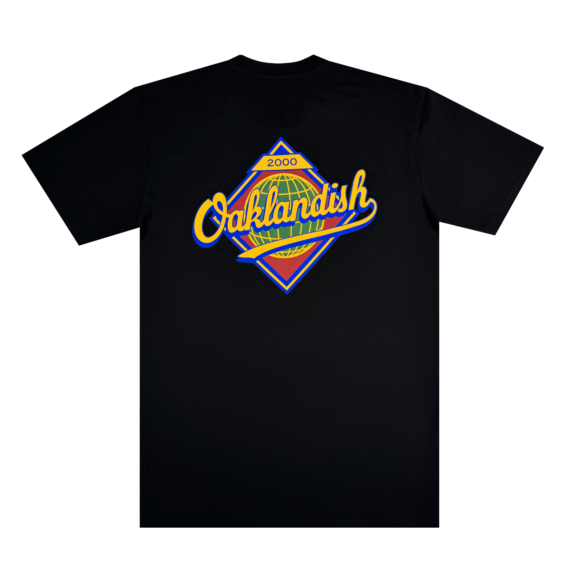 The Leadoff Tee by Oaklandish is a black, 100% cotton t-shirt featuring a colorful geometric design on the back. "Oaklandish" is elegantly scripted over a vibrant diamond of blues, yellows, and reds with "2000" in a small yellow rectangle above it. Available in men's sizes.