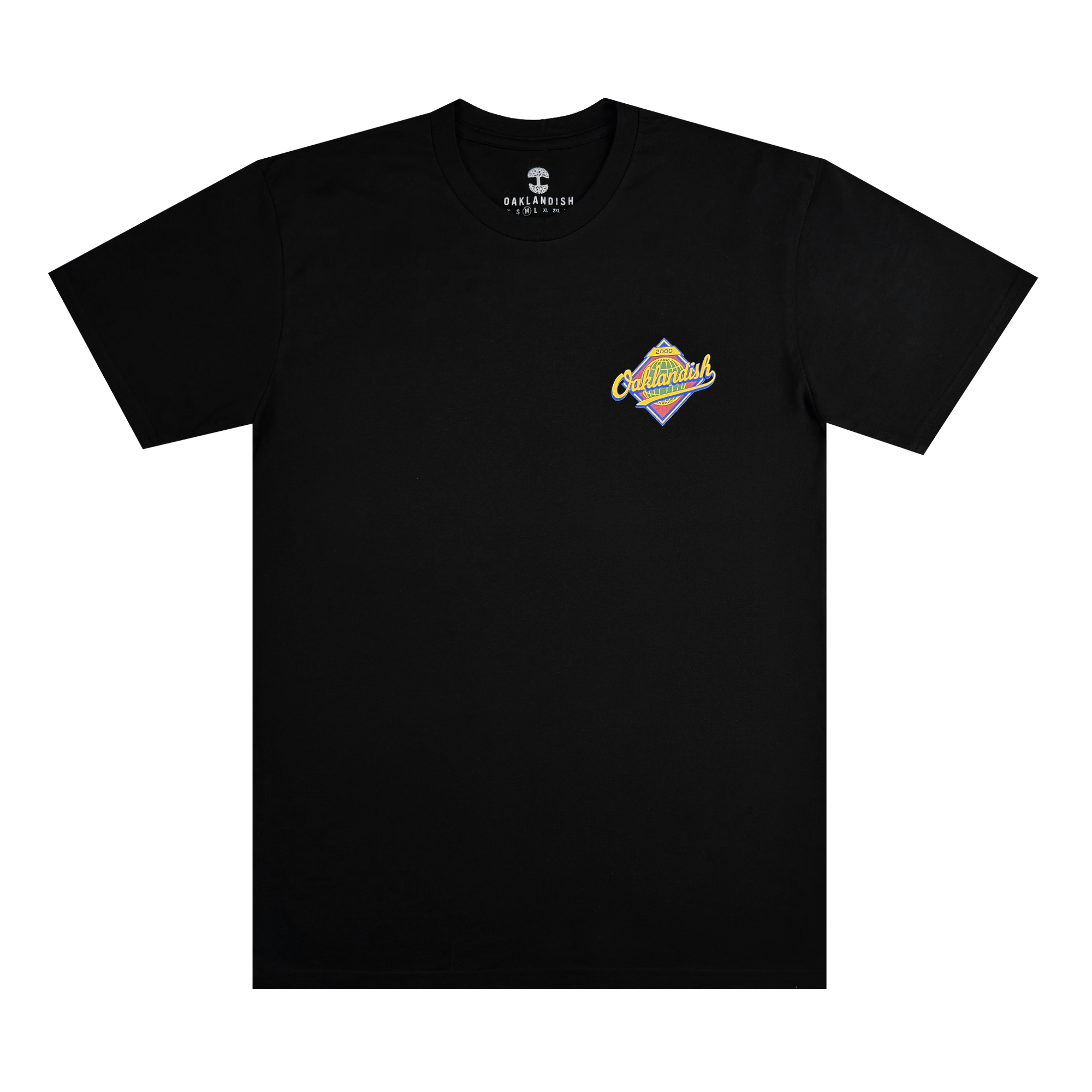 The 100% cotton black Leadoff Tee from Oaklandish features a colorful graphic with "Old Enough" on the left chest, styled as a multicolored badge. Designed in men's sizing, it has an "Old Enough Underground" label near the collar.