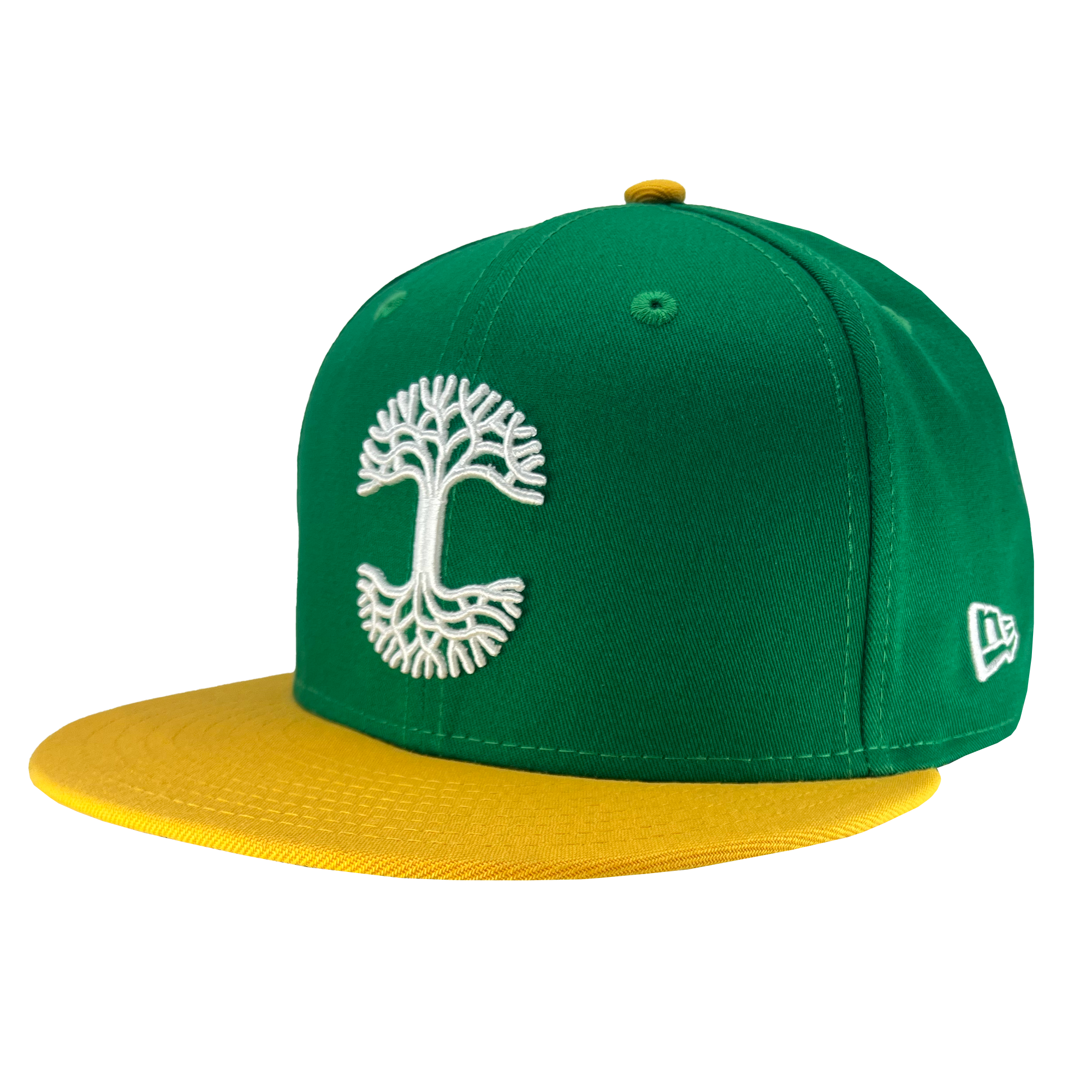 The New Era X Oaklandish Forever Classic 59FIFTY Fitted Cap by Oaklandish is a green baseball cap with a yellow brim, featuring a white embroidered tree design on the front and an Oaklandish logo. This cap also boasts the iconic New Era logo in white on the side.