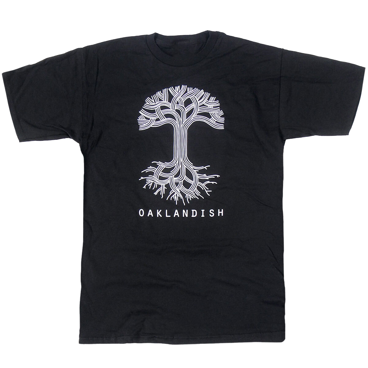 Black t-shirt with a large white Oaklandish tree logo and wordmark on the front chest.