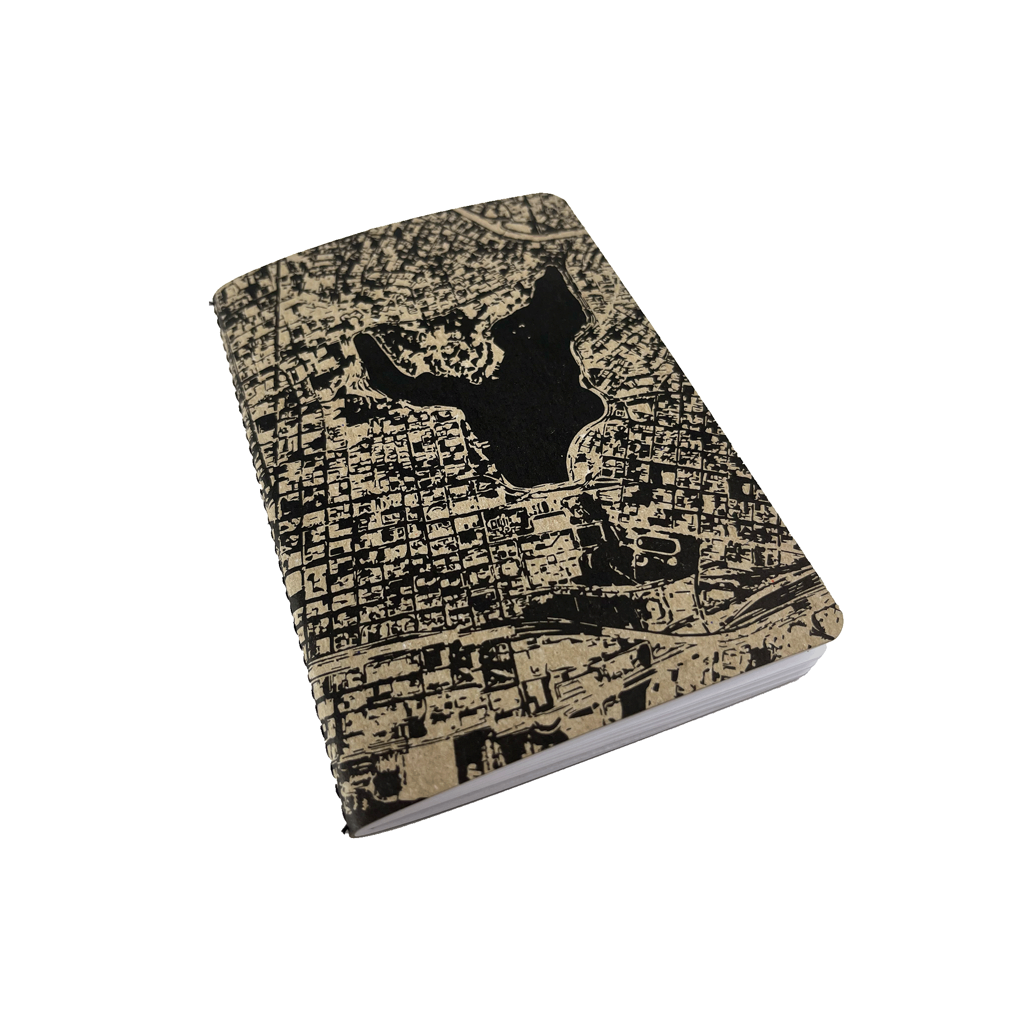 Front view of mini notebook with aerial map view of Oakland and Oaklandish tree logo on the front cover.