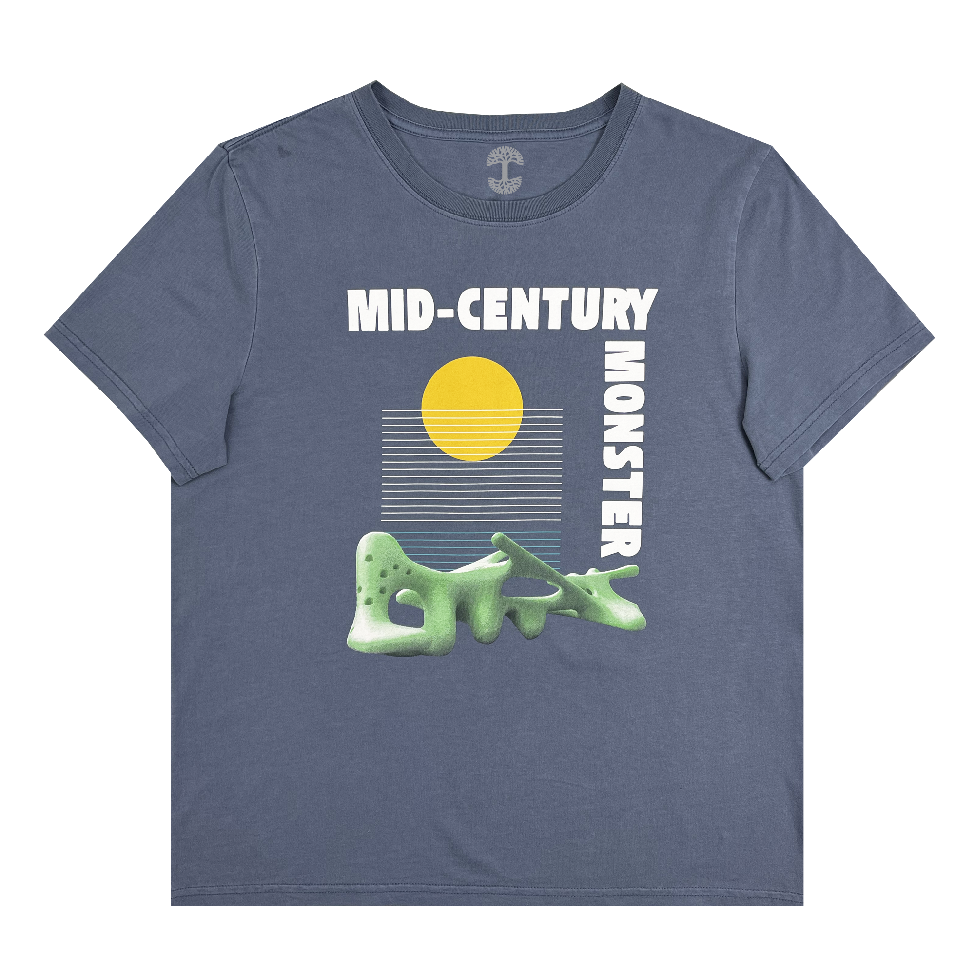 The Women's Mid-century Monster Tee by Oaklandish is a blue-gray, 100% cotton t-shirt featuring the text "MID-CENTURY MONSTER" in white, flanked by a yellow sun and horizontal stripes design. Below the text is a green, abstract monster figure. This classic fit t-shirt offers an overall design with a retro, mid-century modern aesthetic.
